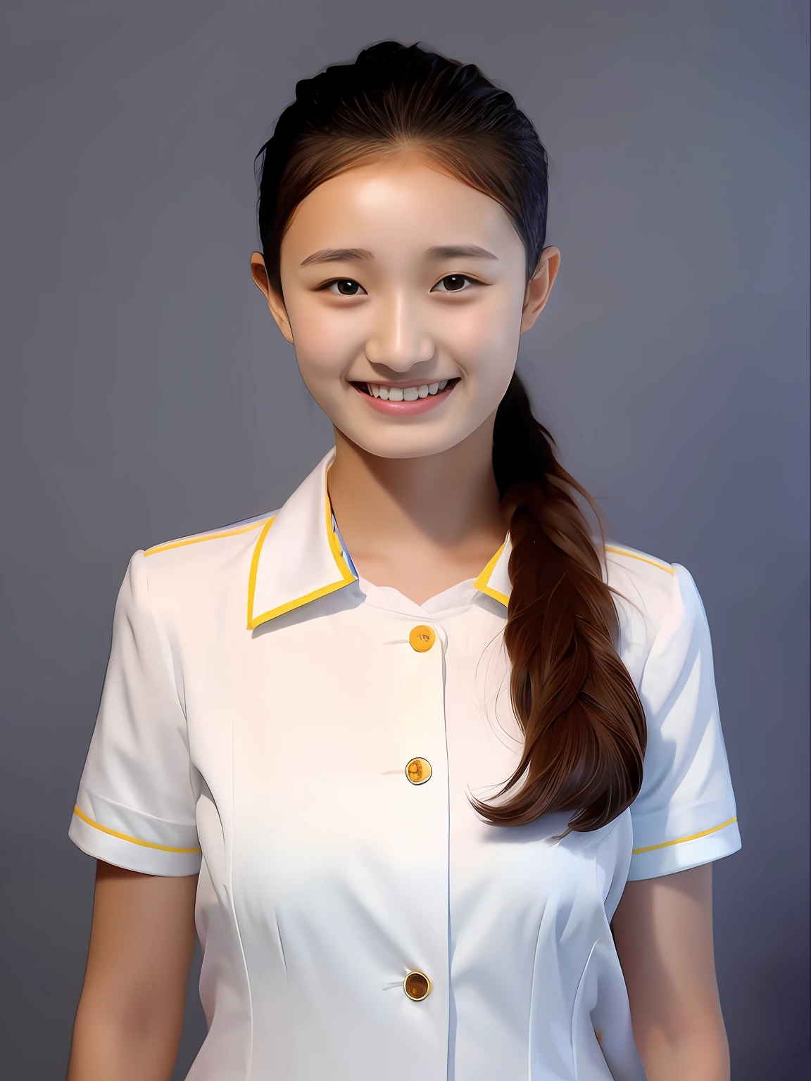 A 17-year-old female high school student，Wear colorful school uniforms，with smile