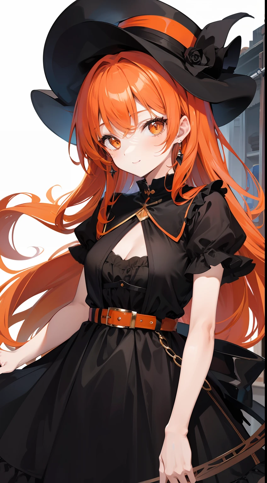 adult girl, long curly orange hair, Orange Eyes, black dress and hat, ssmile, Masterpiece, hiquality