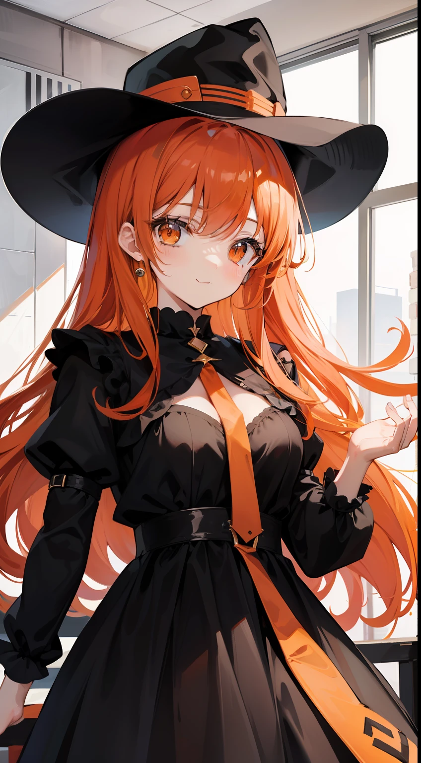 adult girl, long curly orange hair, Orange Eyes, black dress and hat, ssmile, Masterpiece, hiquality