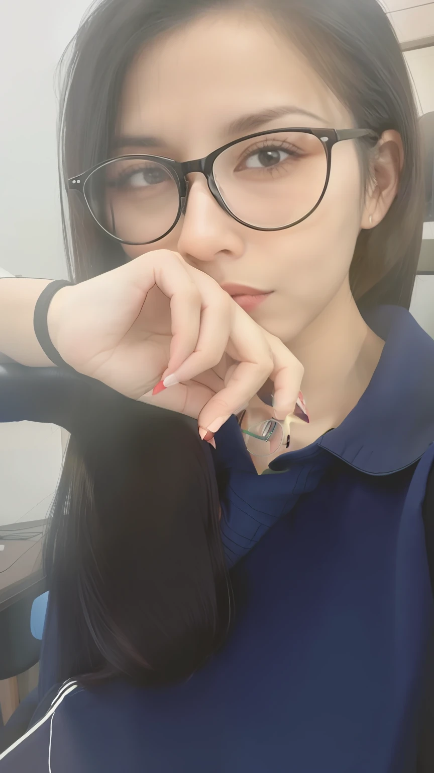 There's a bespectacled woman sitting in a chair with her hand on her chin, hand on her chin, wavy long black hair and glasses, fotografia de baixa qualidade, hand on cheek, selfie de uma jovem mulher, com cabelo preto liso, imagem de qualidade muito baixa, foto de baixa qualidade, com cabelos longos, wearing black frame glasses, com o dedo indicador, com os dedos