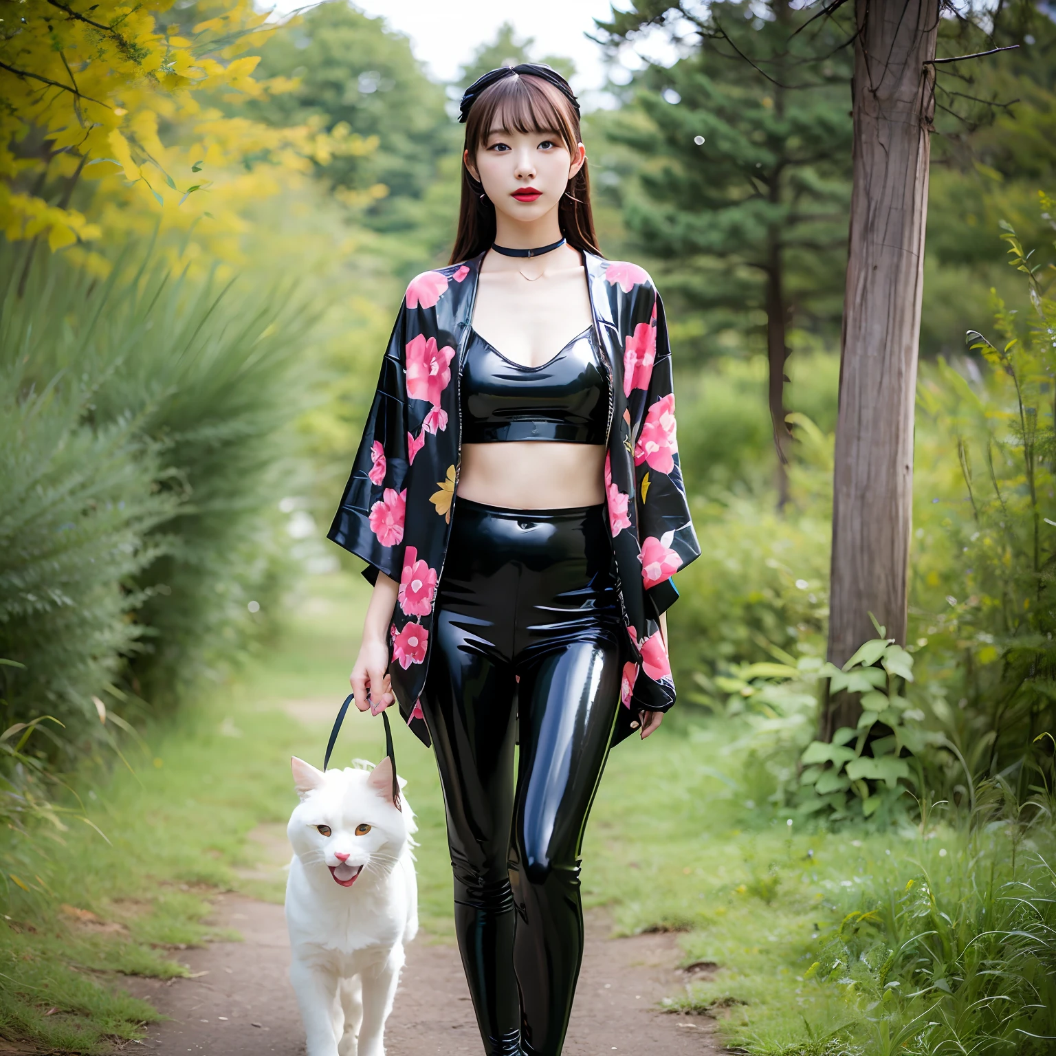 18 years old, teen girl, black, latex, leggings, kimono, outdoor