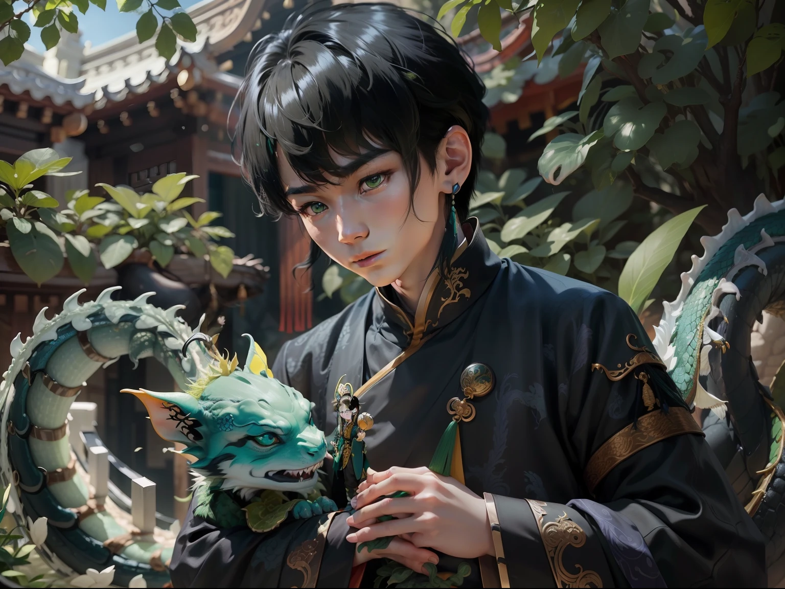 A  Chinese dragon with a male oriental teenager. The dragon is slightly behind the boy, and its tail surrounded him. Highly detailed. Beautiful details of small scales on the skin of the dragon in green and bluish tones. The male teenager has long black hair, ancient hanfu clothes. Happy palette of colours. Photography. Realistic ray tracing.