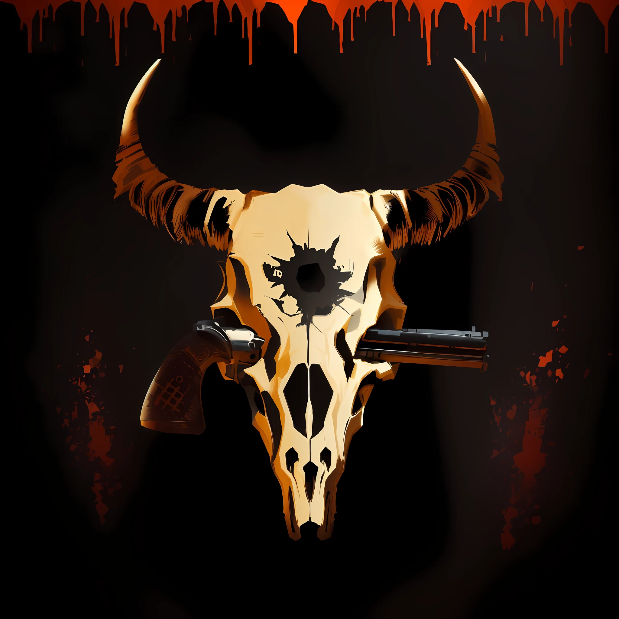 There is a bull skull with horns and a gun on it, cow skull, bull head, with an animal skull for a head, revolver, skull design for a rock band, sheep skull, horned, sheep skulls, chifres e olhos vermelhos, Album art, chifres brancos, badass composition, album cape, chifres longos afiados, design de tshirt de metal pesado, animal skull