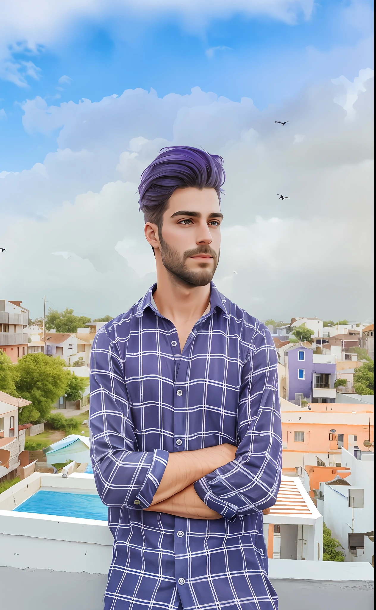 Violet sky with birds,8k wallpaper, stylish hair