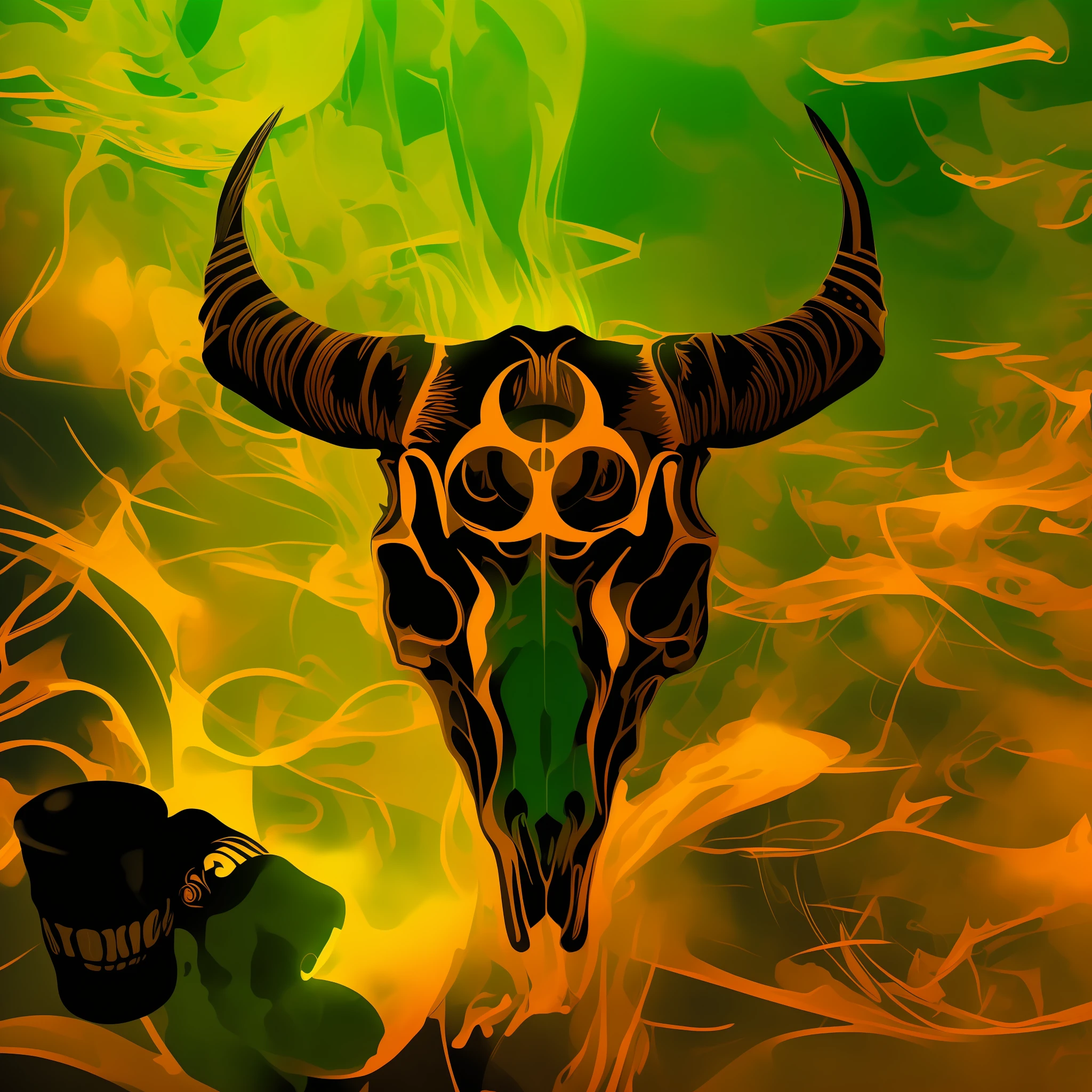 There is a horned skull and a biological hazard in it, toxic drips, toxic, toxic air, toxic waste, toxic clouds, toxic cat, toxicidade, taurus zodiac sign symbol, Album art, Biohazard, with a sky of yellow green smoke, horned, toxic slime, mastodonte, Taurus, toxic glowing smog in the sky