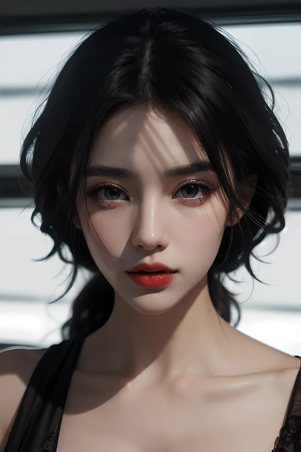 Ultra-high resolution 8K atmosphere library scene,Long black hair,Long eyelashes。black long dress,White Skin Skin,Bright red lips,shadow effect,Realistic surrealist details,Atmospheric perspective overlooking the whole body,tmasterpiece