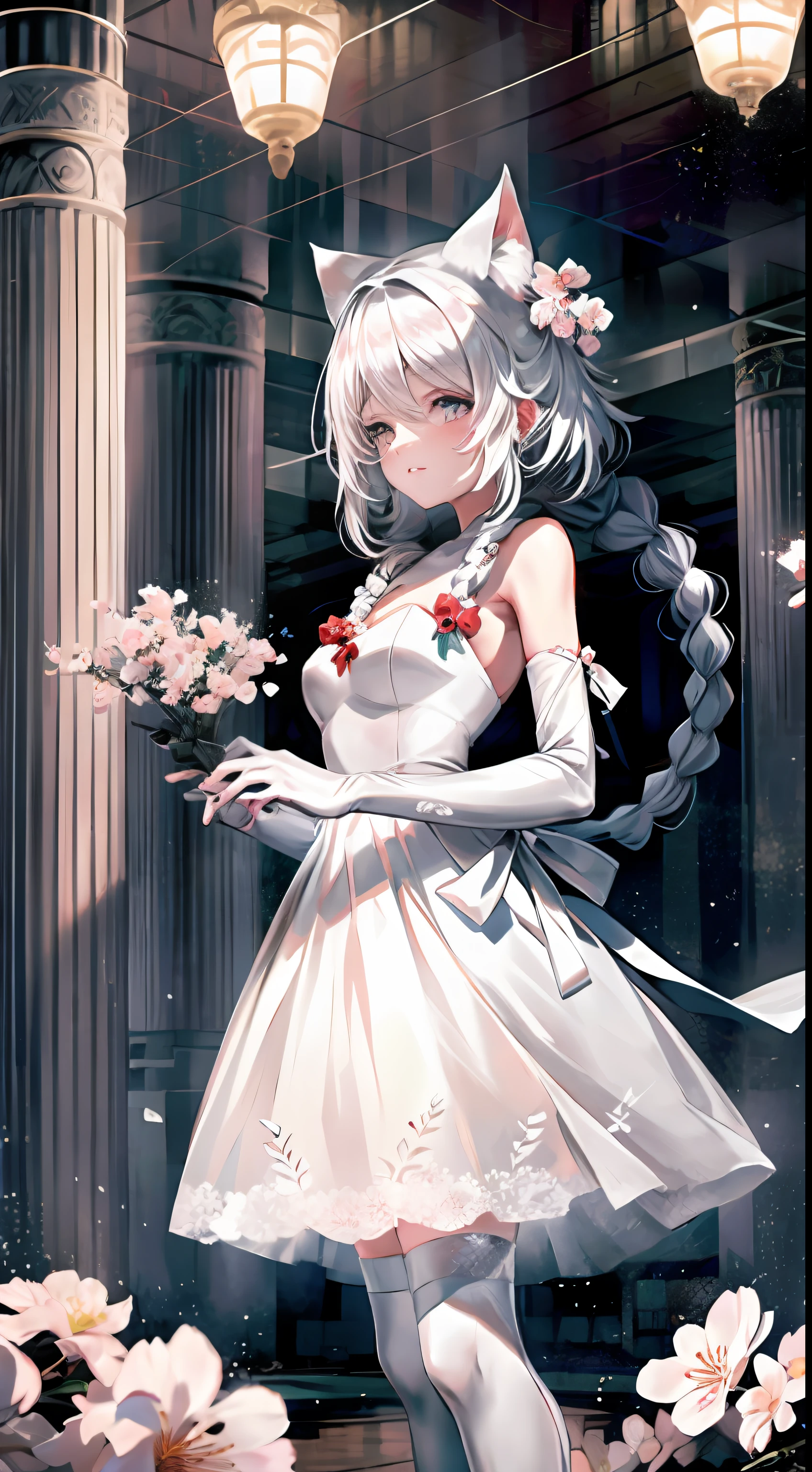 one-girl,(Long snow-white hair),(Two cat ears),Pale pink cherry blossom princess dress,Her soft hair was tied into two small braids,Coiled around the back of the head,There is also a hair ornament in the shape of a bow。Her delicate and fair little face was completely exposed,Only a little sparse bangs on the forehead cover it。