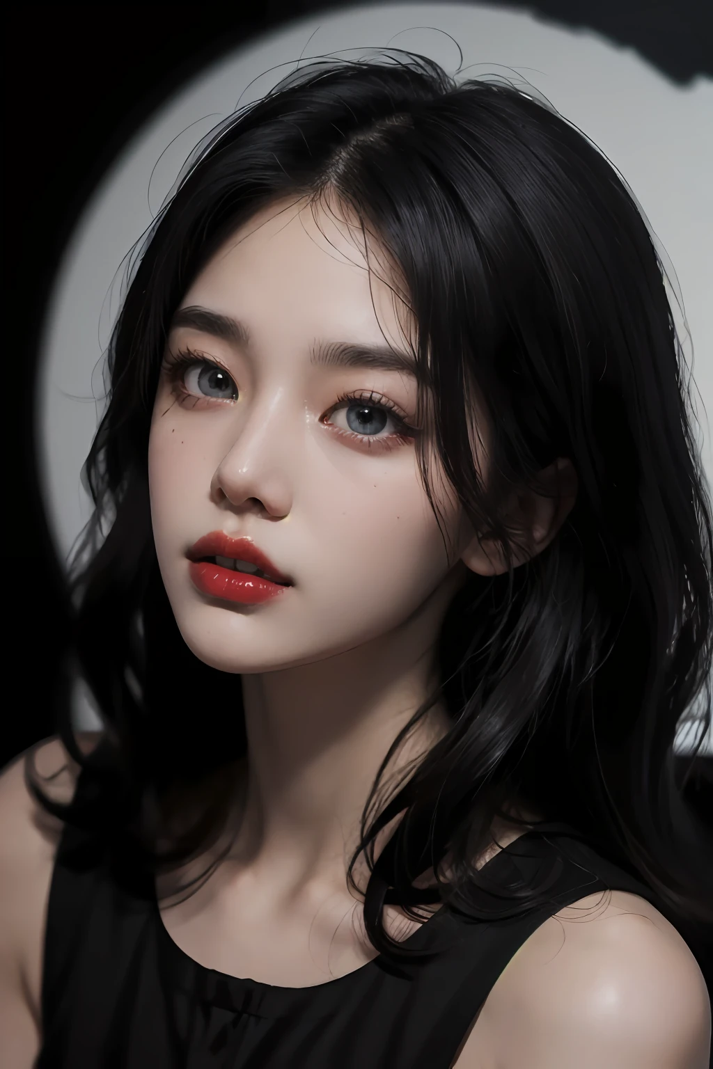 Ultra-high resolution 8K atmosphere library scene,Long black hair,Long eyelashes。black long dress,White Skin Skin,Bright red lips,shadow effect,Realistic surrealist details,Atmospheric perspective overlooking the whole body,tmasterpiece