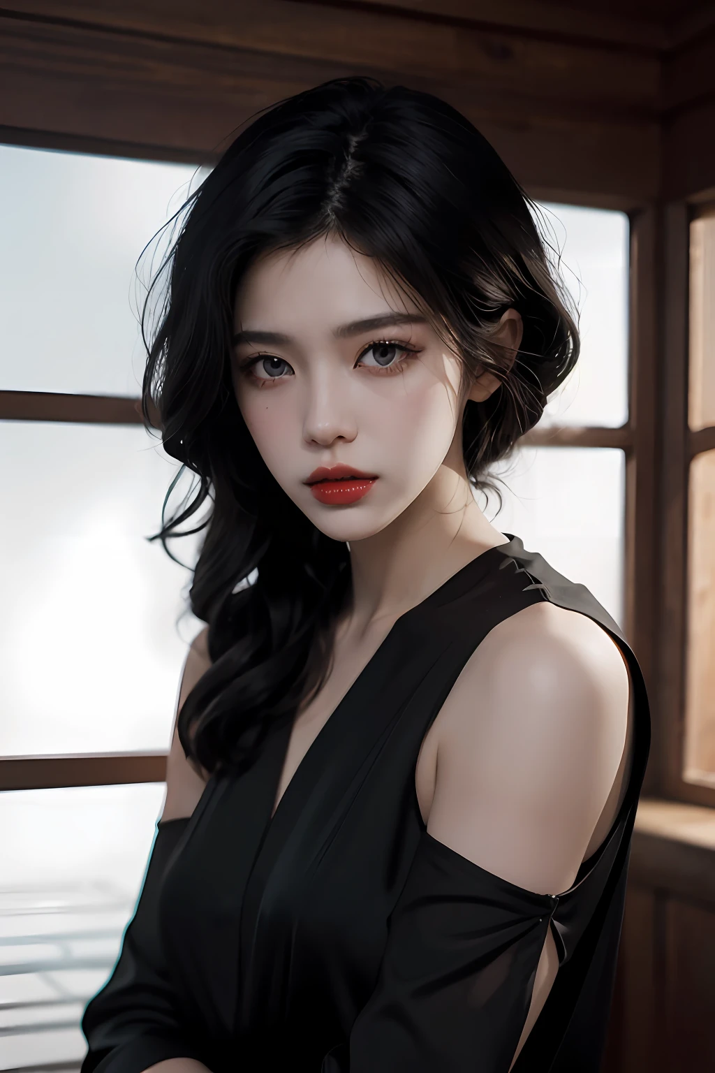 Ultra-high resolution 8K atmosphere library scene,Long black hair,Long eyelashes。black long dress,White Skin Skin,Bright red lips,shadow effect,Realistic surrealist details,Atmospheric perspective overlooking the whole body,tmasterpiece
