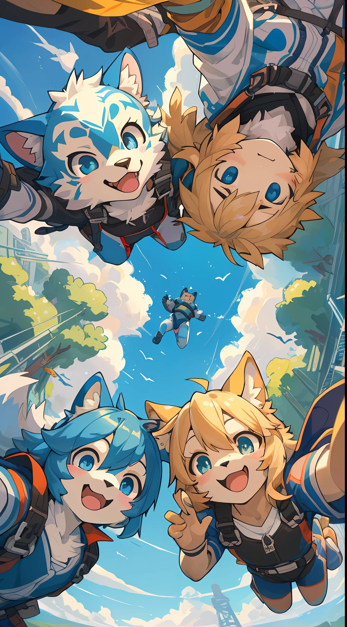 top quality, best quality, High-quality illustrations, masterpiece, super high resolution, detailed background, detailed background, skydiving, group shot:0.2, 6+boys, 6+girls, Happy, joyful, absurdres(highly detailed beautiful face and eyes)perfect anatomy(kemono, furry anthro)selfie:0.1, from below,