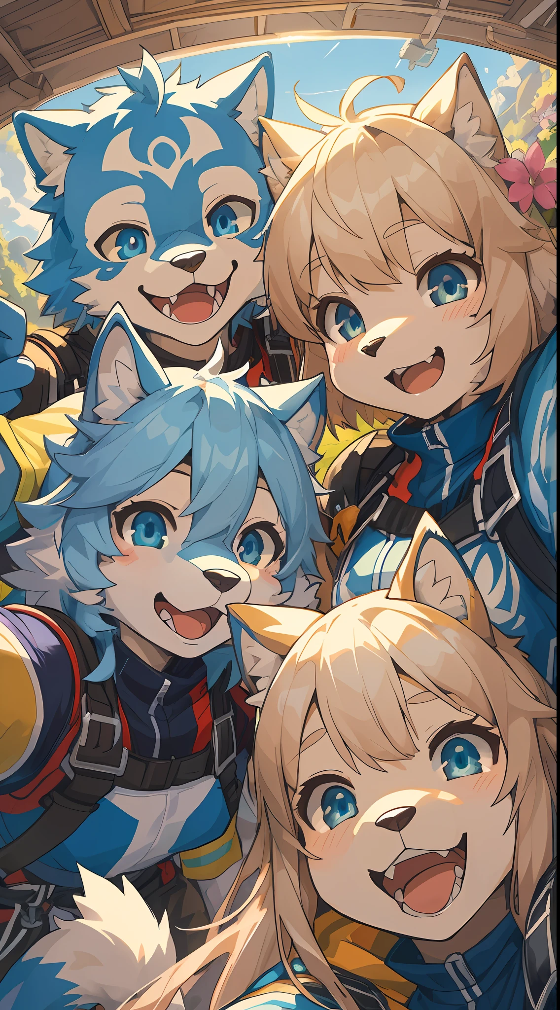top quality, best quality, High-quality illustrations, masterpiece, super high resolution, detailed background, detailed background, skydiving, group shot:0.2, 6+boys, 6+girls, Happy, joyful, absurdres(highly detailed beautiful face and eyes)perfect anatomy(kemono, furry anthro)selfie:0.1, from below,