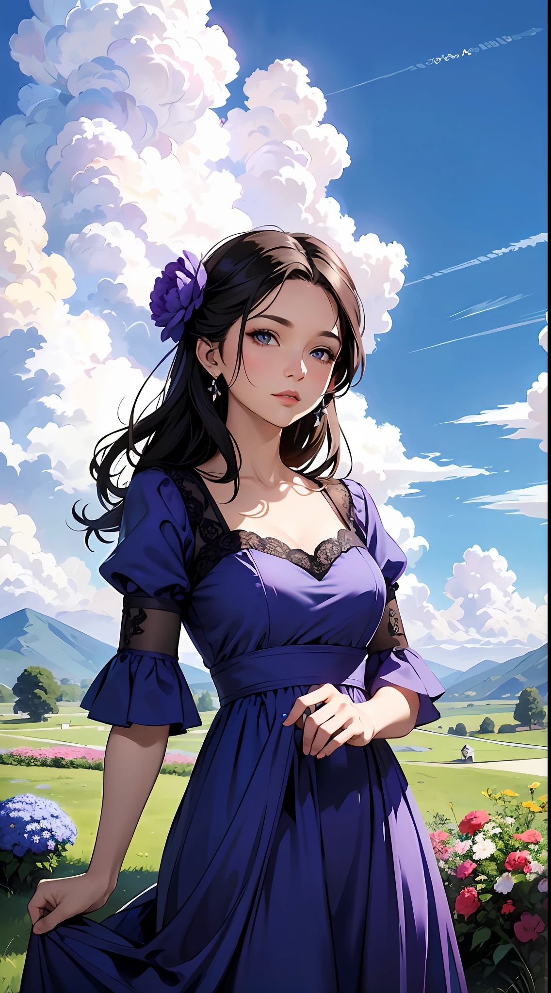 A woman's in a purple dress,Blue sky and clouds in background, wearing blue dress,There are flowers on it, Art germ, Rosla global lighting, a detailed painting, Fantasy art
