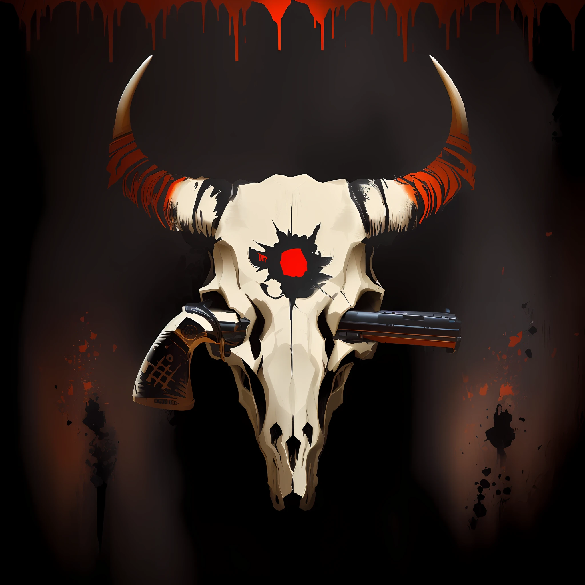 There is a bull skull with horns and a gun on it, cow skull, bull head, with an animal skull for a head, revolver, skull design for a rock band, sheep skull, horned, sheep skulls, chifres e olhos vermelhos, Album art, chifres brancos, badass composition, album cape, chifres longos afiados, design de tshirt de metal pesado, animal skull