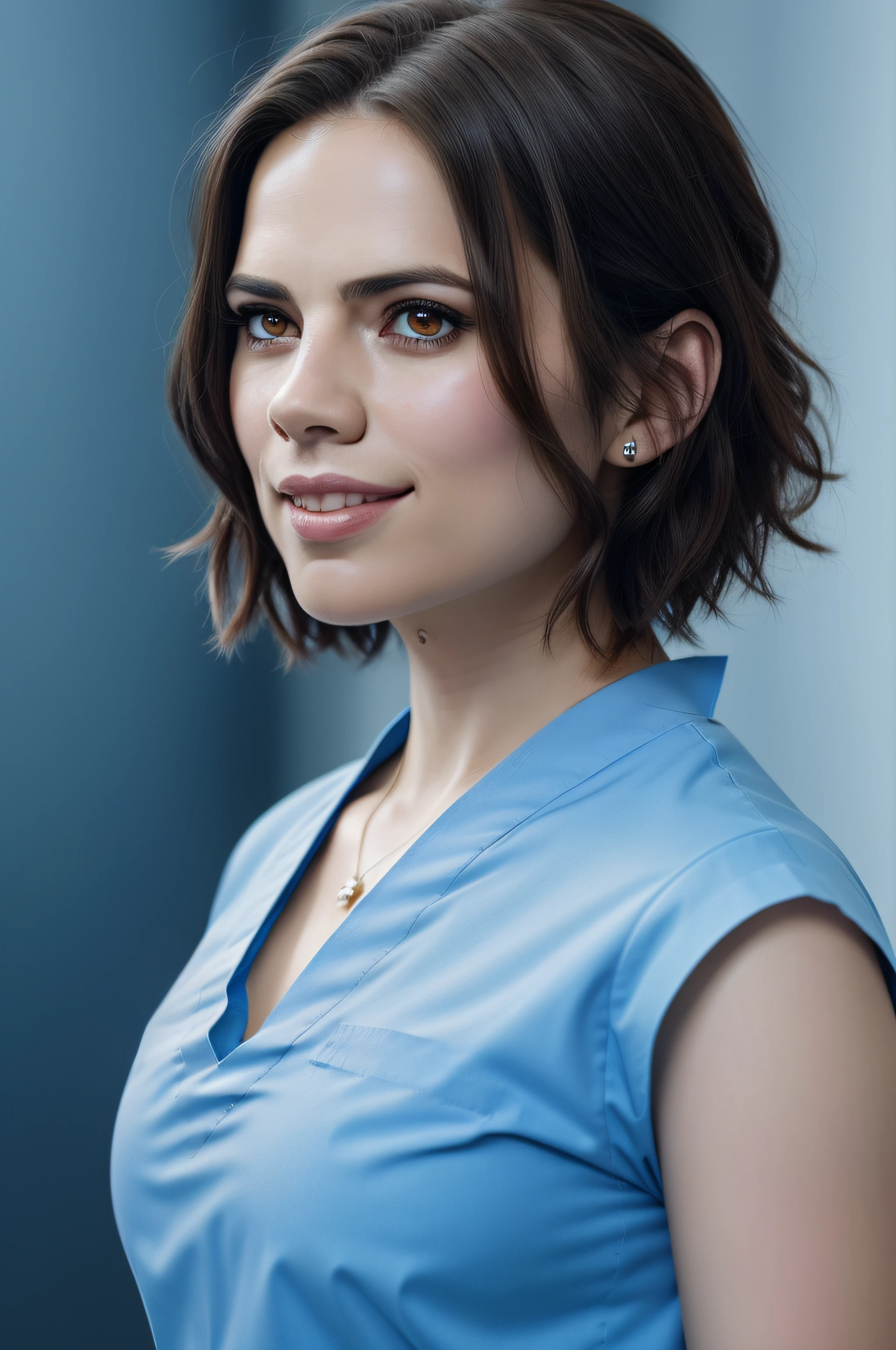 Beautiful woman, Hayley Atwell, wearing (light blue hospital scrubs), beautiful legs, (very short pixie hair), detailed eyes, (detailed realistic face), blush, confident smile, head tilted to side, highly detailed, modelshoot style, (extremely detailed CG unity 8k wallpaper), (whole body shoot::1.4) photo of the most beautiful artwork in the world, hospital, fashion top model, trending on ArtStation, trending on CGSociety, Intricate, High Detail, Sharp focus, dramatic, photorealistic painting art by midjourney