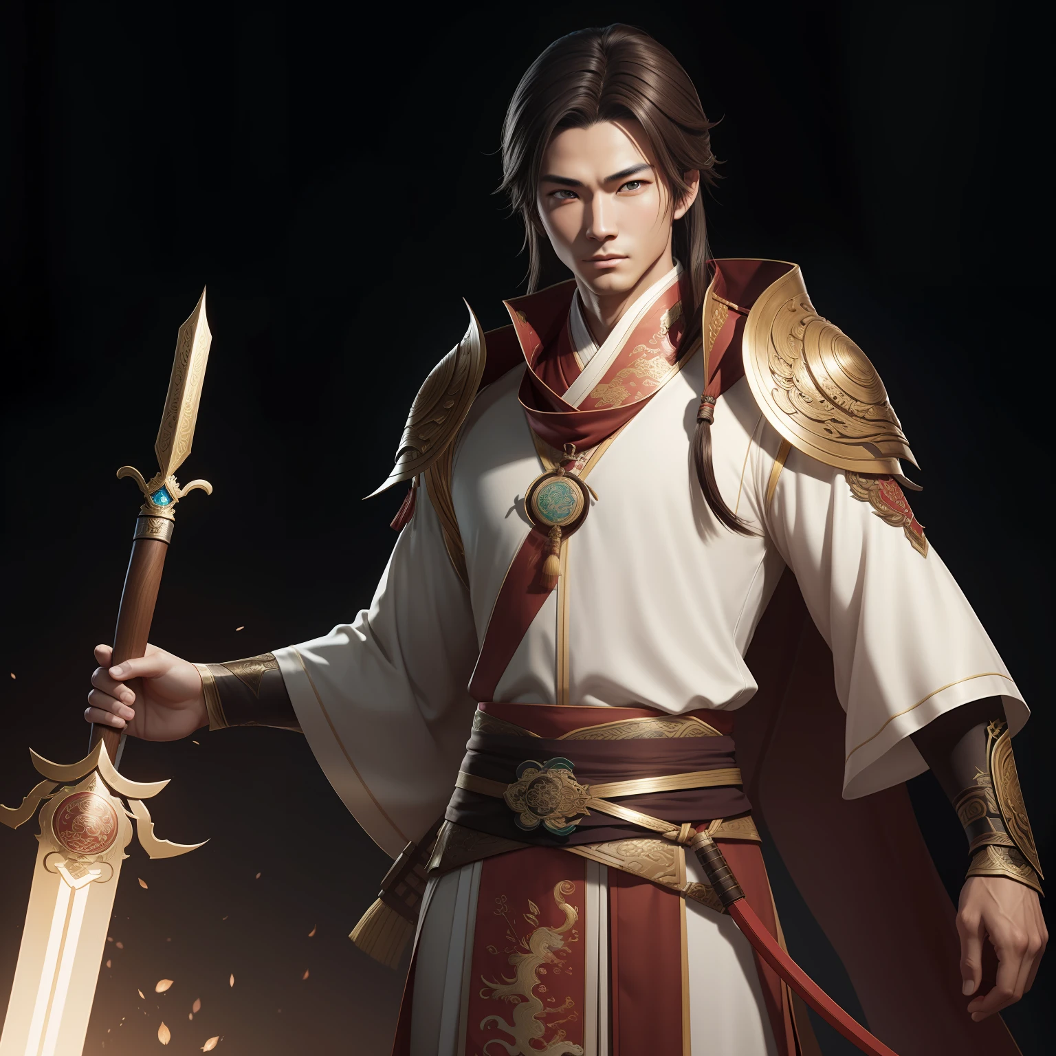 a close up of a young man in his 30's with brown eyes and brown hair, a hero in wuxia style, handsome guy, martial artist holding a bo staff, standing in a chinese monastary, new costume concept design, in the style of blade and soul, concept art of a monk, full body character concept, detailed character design, inspired by Yang Jin, inspired by Li Mei-Shu, chinese costume, inspired by Lan Ying, inspired by Sim Sa-Jeong, inspired by Li Tang, lunar themed attire, costume with green accents, inspired by Ju Lian, colored concept art, highly detailed character design, highly detailed face, inspired by Ai Xuan, very highly detailed face, unreal engine render, final fantasy 14 style, inspired by Leng Mei