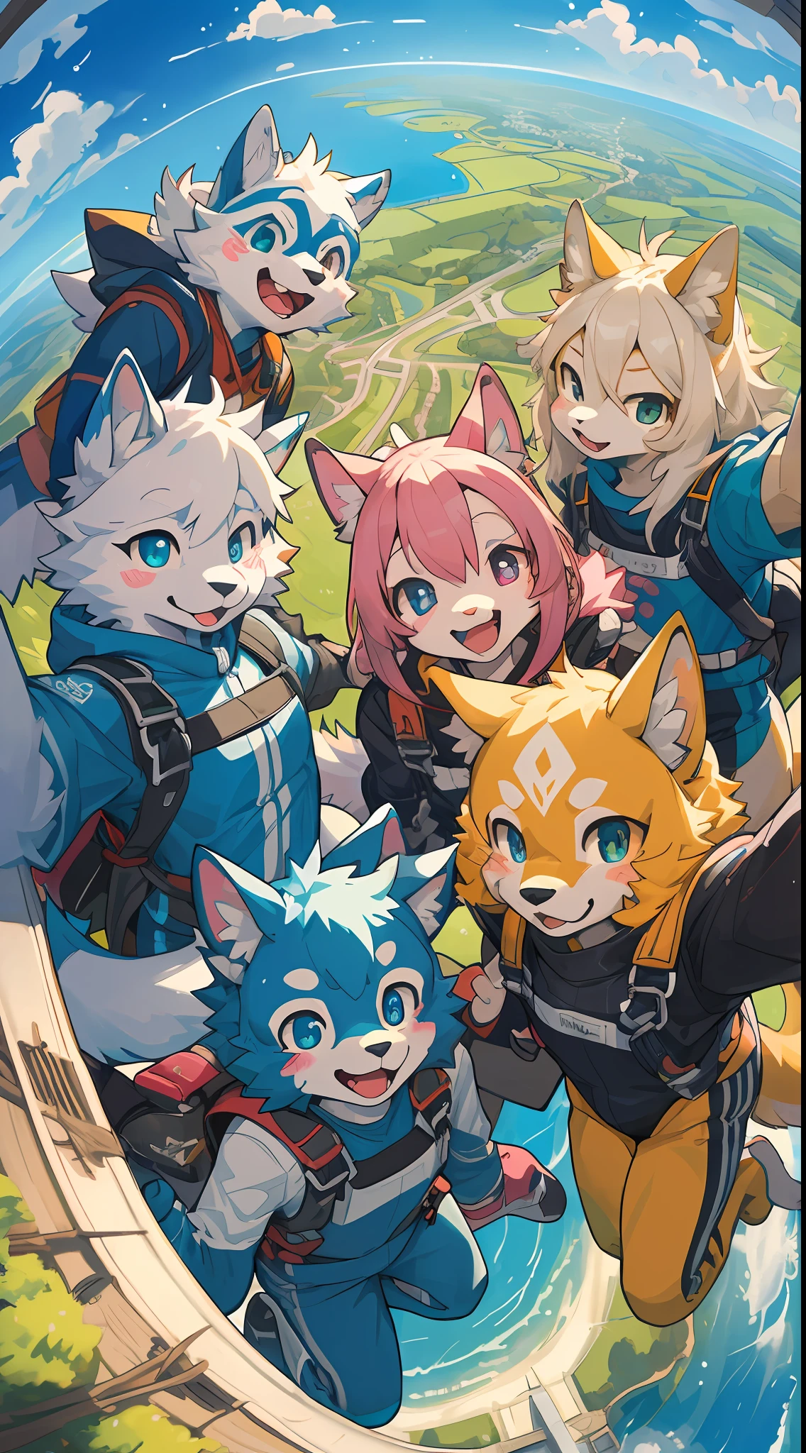 top quality, best quality, High-quality illustrations, masterpiece, super high resolution, detailed background, detailed background, skydiving, group shot:0.2, 6+boys, 6+girls, Happy, joyful, absurdres(highly detailed beautiful face and eyes)perfect anatomy(kemono, furry anthro)selfie:0.1, from below,