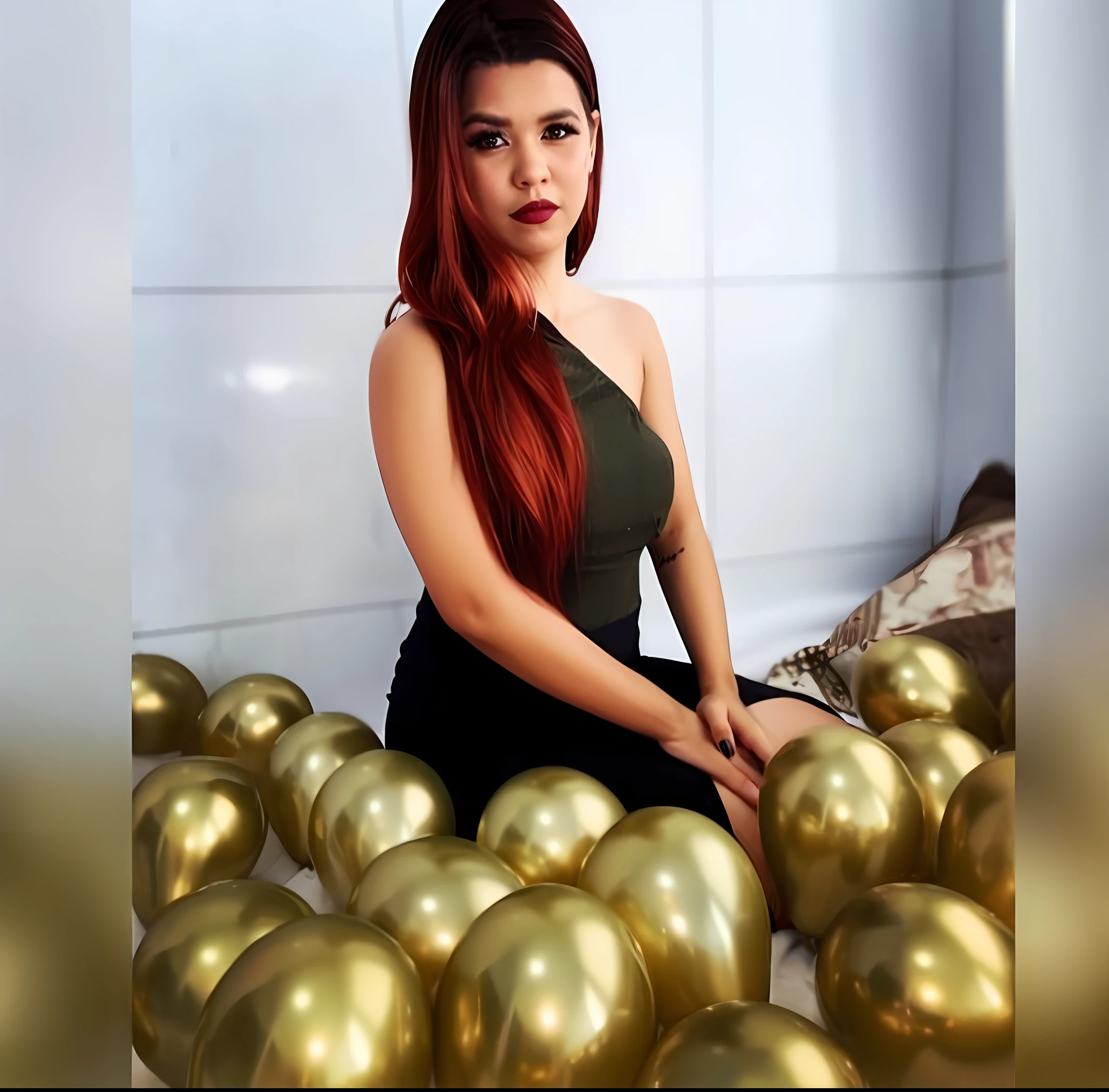 um close up de uma mulher sentada em uma pilha de bolas de ouro, Lorena Avarez, Mulher de 30 anos de Cuba, 19-year-old girl, ela tem cerca de 2 0 anos, ela tem cerca de 20 anos, ela tem cerca de 2 a 5 anos de idade, Photo Session, cabelo longo dourado brilhante, ela tem cerca de 1 6 anos de idade