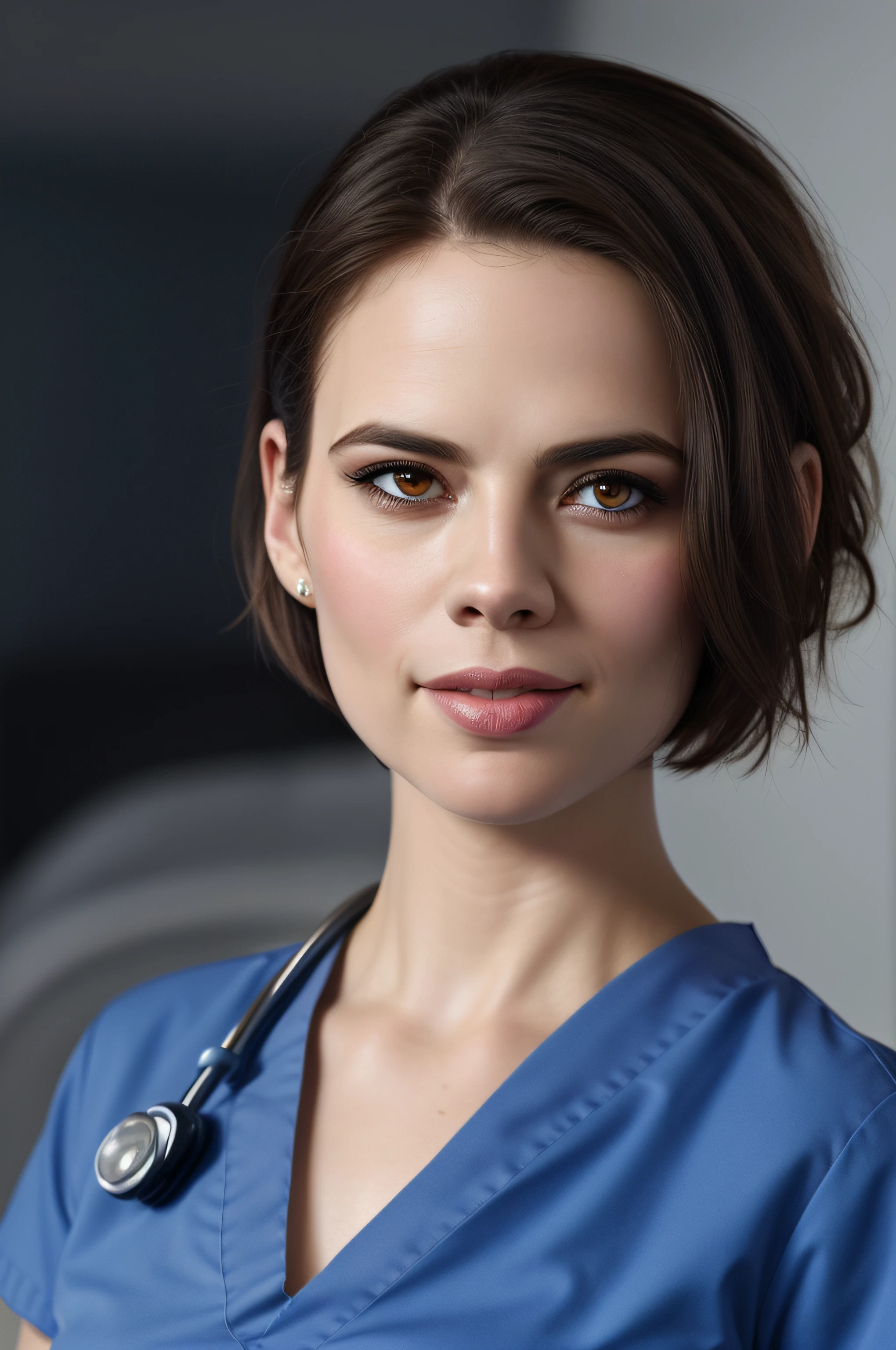 Beautiful woman, Hayley Atwell, wearing (light blue hospital scrubs), beautiful legs, (very short pixie hair), detailed eyes, (detailed realistic face), blush, confident smile, head tilted to side, highly detailed, modelshoot style, (extremely detailed CG unity 8k wallpaper), (whole body shoot::1.4) photo of the most beautiful artwork in the world, hospital, fashion top model, trending on ArtStation, trending on CGSociety, Intricate, High Detail, Sharp focus, dramatic, photorealistic painting art by midjourney