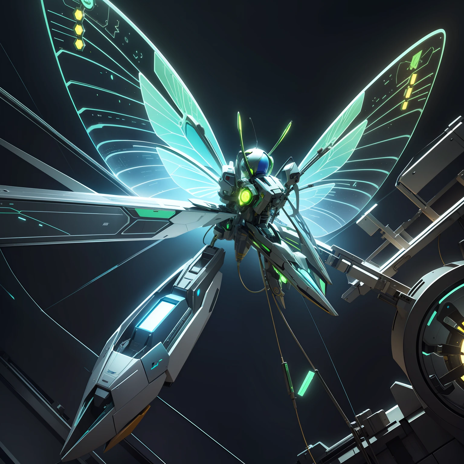 A transparent mechanical dragonfly on the machine, fantasy color, transparency, electronics, industrialization, future technology, Rim Lights, 3D, blender, Unreal Engine