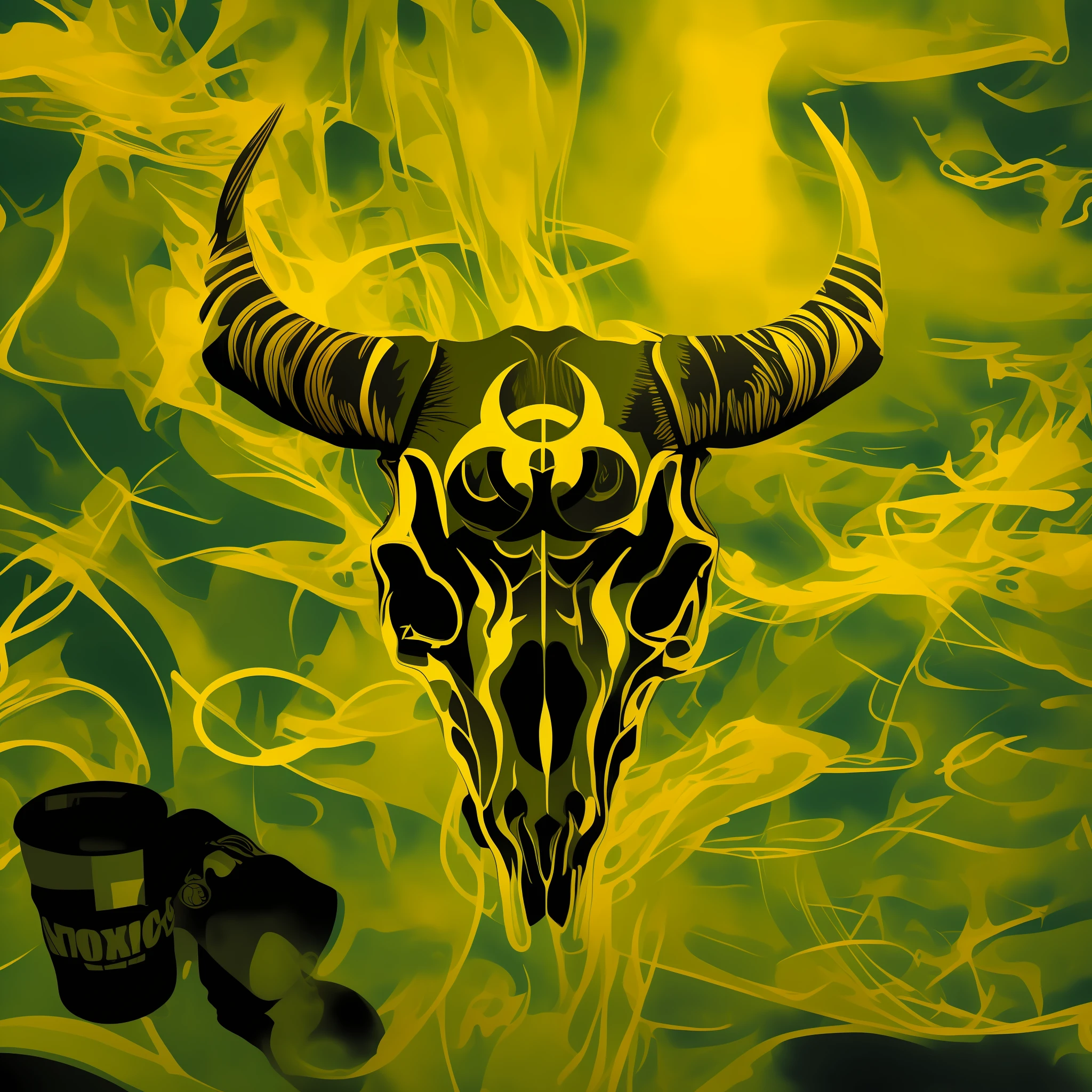 There is a horned skull and a biological hazard in it, toxic drips, toxic, toxic air, toxic waste, toxic clouds, toxic cat, toxicidade, taurus zodiac sign symbol, Album art, Biohazard, with a sky of yellow green smoke, horned, toxic slime, mastodonte, Taurus, toxic glowing smog in the sky