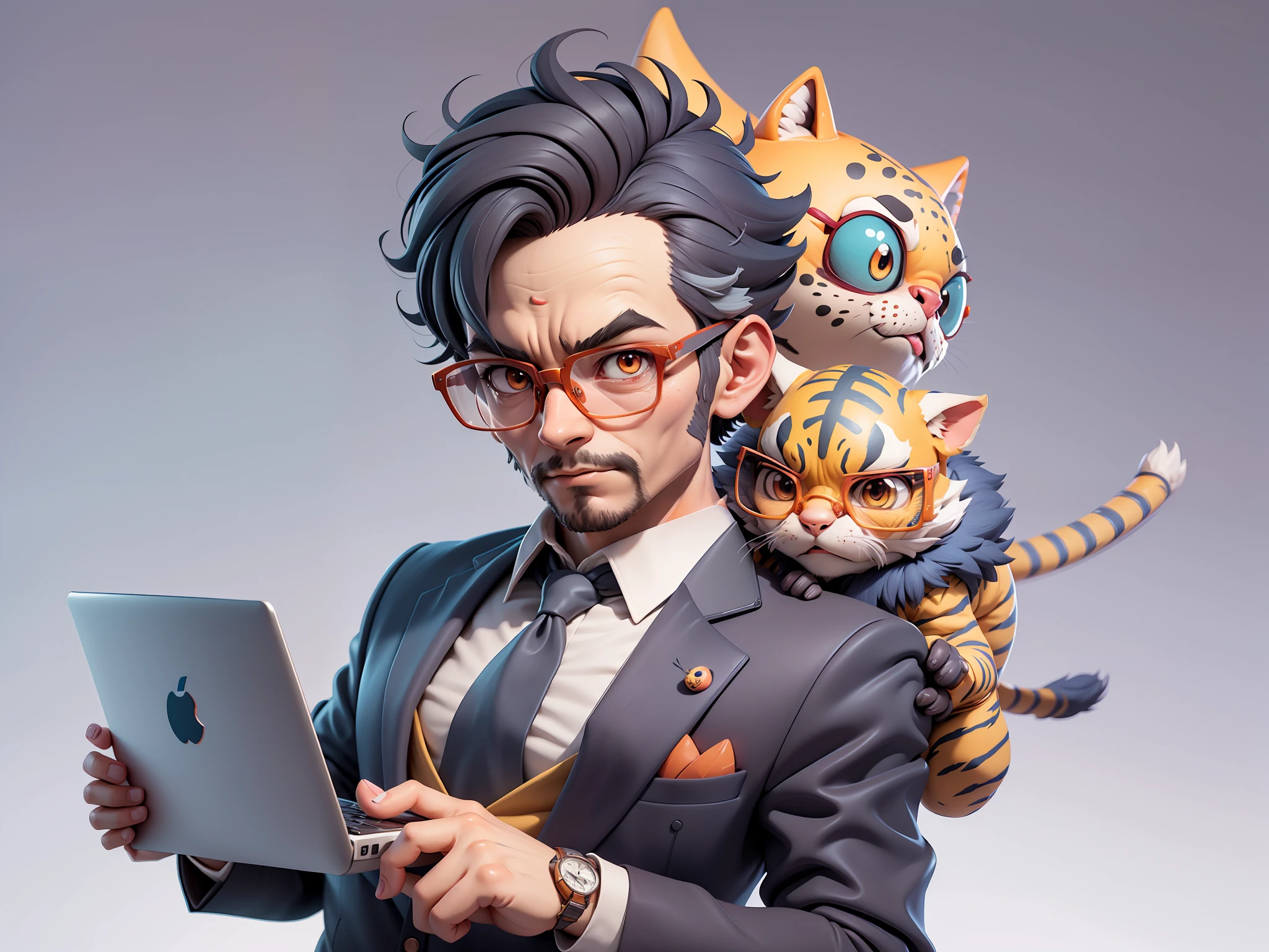 A young man in a suit, Short hair and glasses sat at his desk，holding laptop，digitial painting，tigre，3D character design by Mark Clairen and Pixar and Hayao Miyazaki and Akira Toriyama，4K HD illustration，Very detailed facial features and cartoon-style visuals。