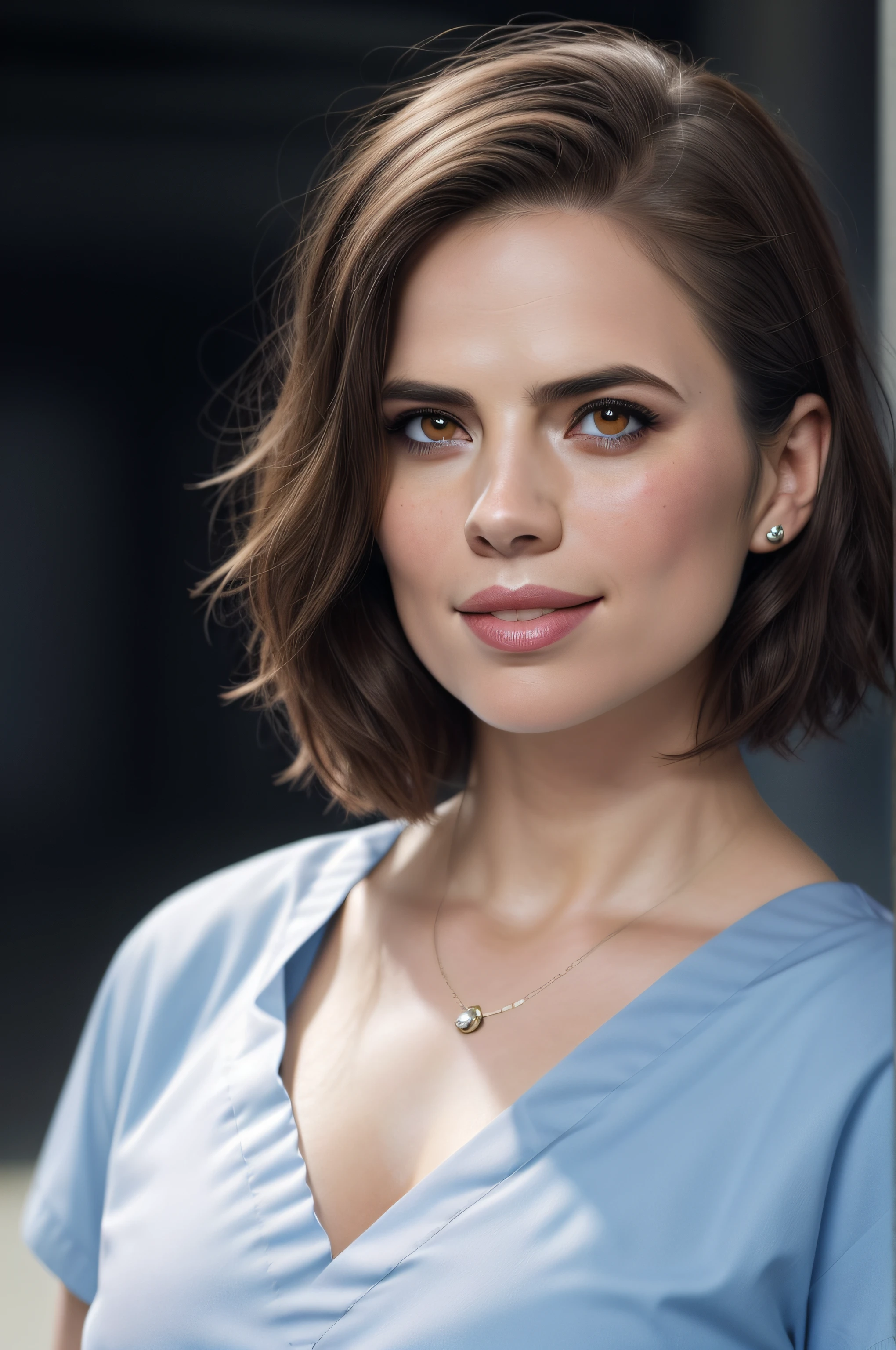 Beautiful woman, Hayley Atwell, wearing (light blue hospital scrubs), beautiful legs, (very short pixie hair), detailed eyes, (detailed realistic face), (skin texture), freckles, blush, confident smile, head tilted to side, highly detailed, modelshoot style, (extremely detailed CG unity 8k wallpaper), (whole body shoot::1.4) photo of the most beautiful artwork in the world, hospital, fashion top model, trending on ArtStation, trending on CGSociety, Intricate, High Detail, Sharp focus, dramatic, photorealistic painting art by midjourney