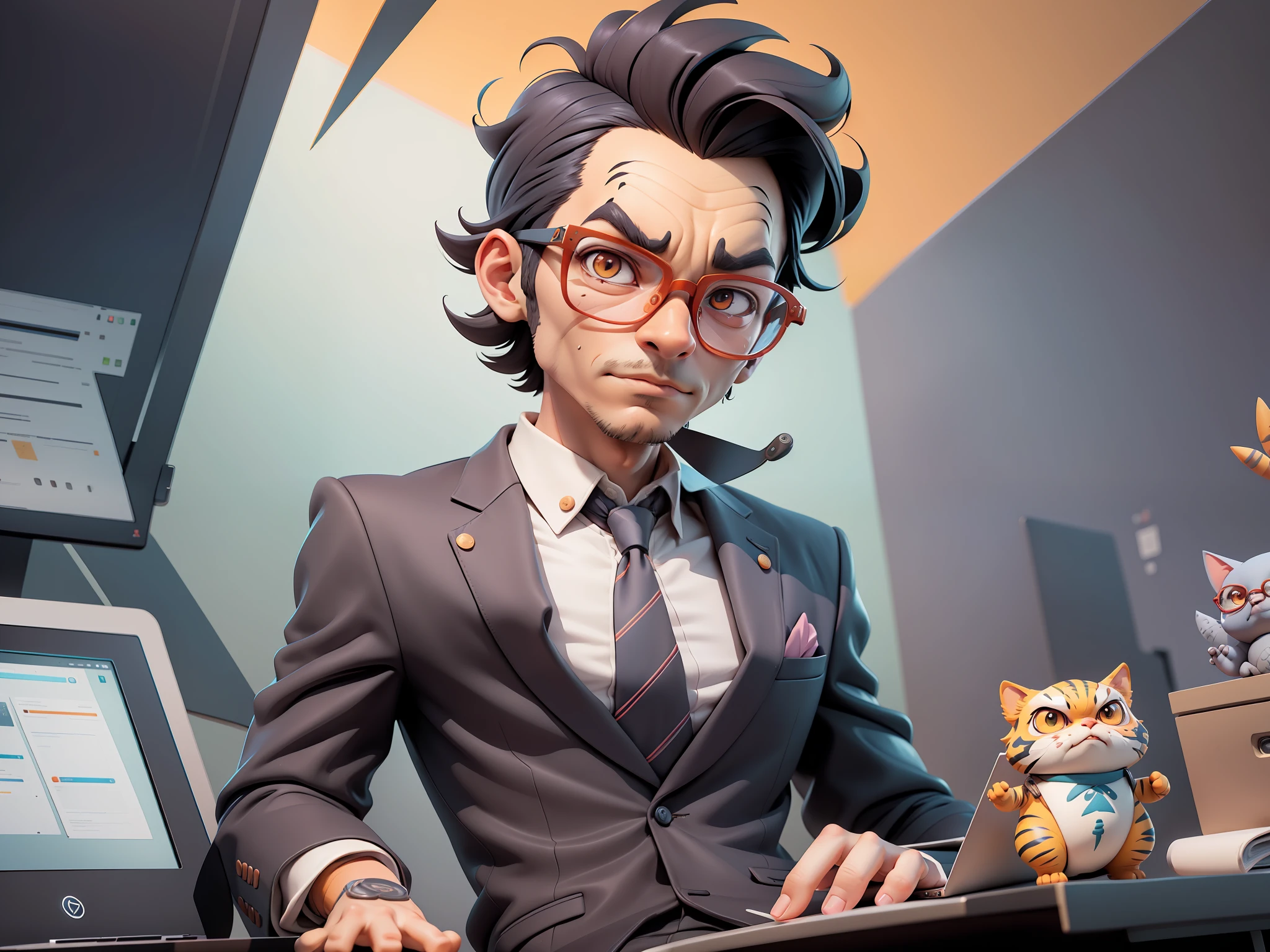 A young man in a suit, Short hair and glasses sat at his desk，holding laptop，digitial painting，tigre，3D character design by Mark Clairen and Pixar and Hayao Miyazaki and Akira Toriyama，4K HD illustration，Very detailed facial features and cartoon-style visuals。