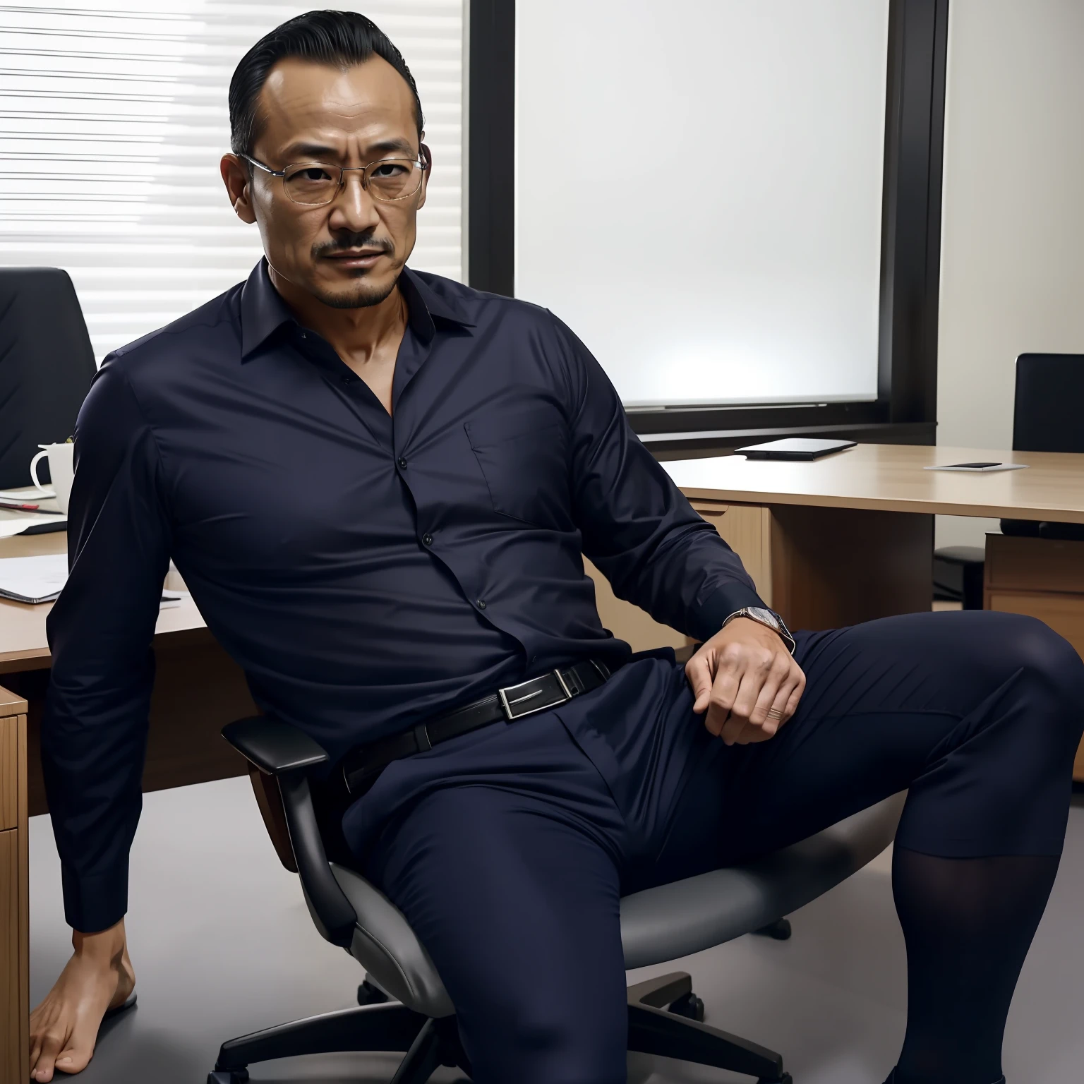 45 yers old，Hidetoshi Nakata，（Kogoro Mouri 1.3），Shirtless，Tong，Bulge，office room，black long socks，Thin，musculature，lbeard，fortitude，artwork of a，tmasterpiece，k hd，Tong，see-through shirts，wears glasses，two guys