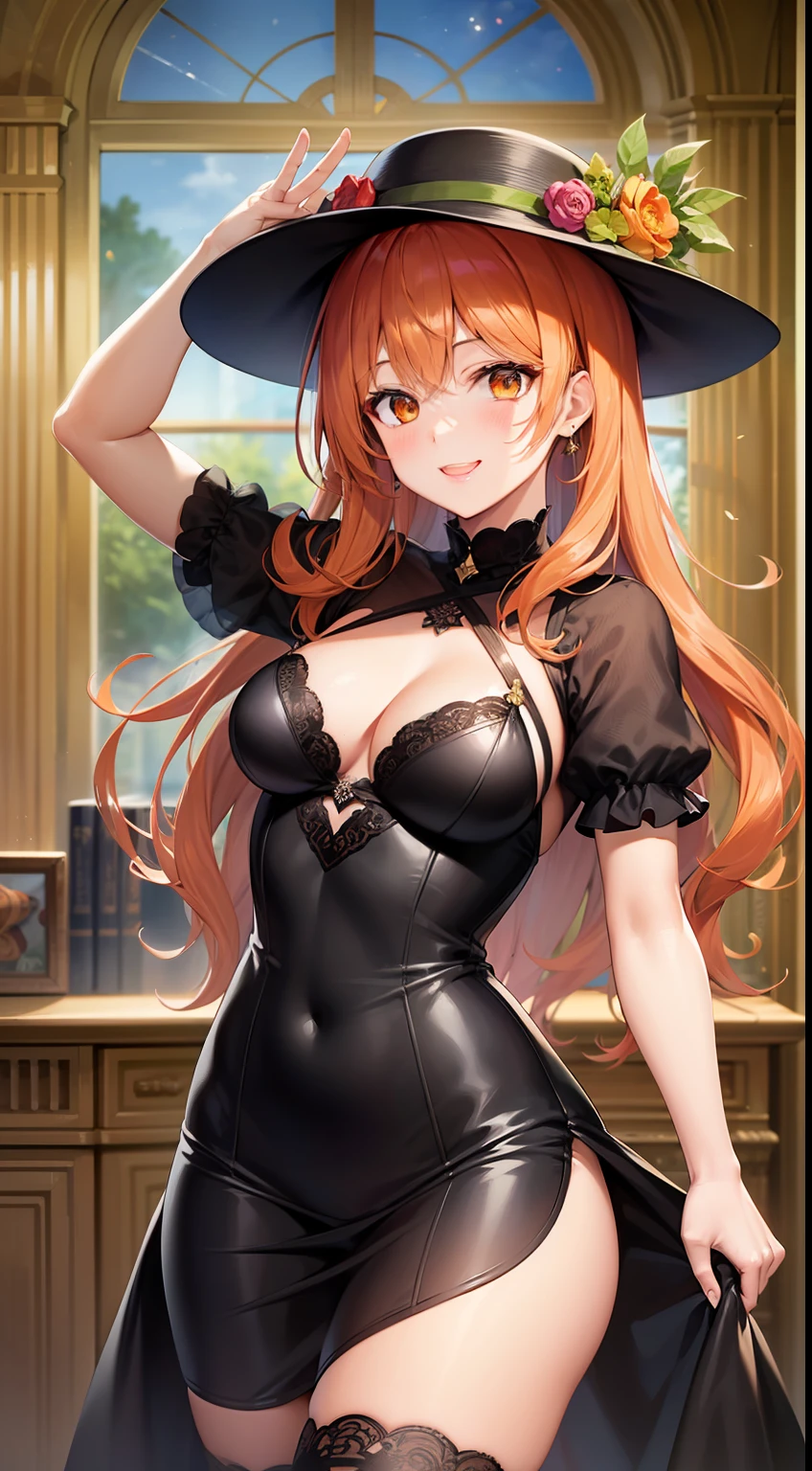 adult girl, long curly orange hair, Orange Eyes, black dress and hat, ssmile, Masterpiece, hiquality