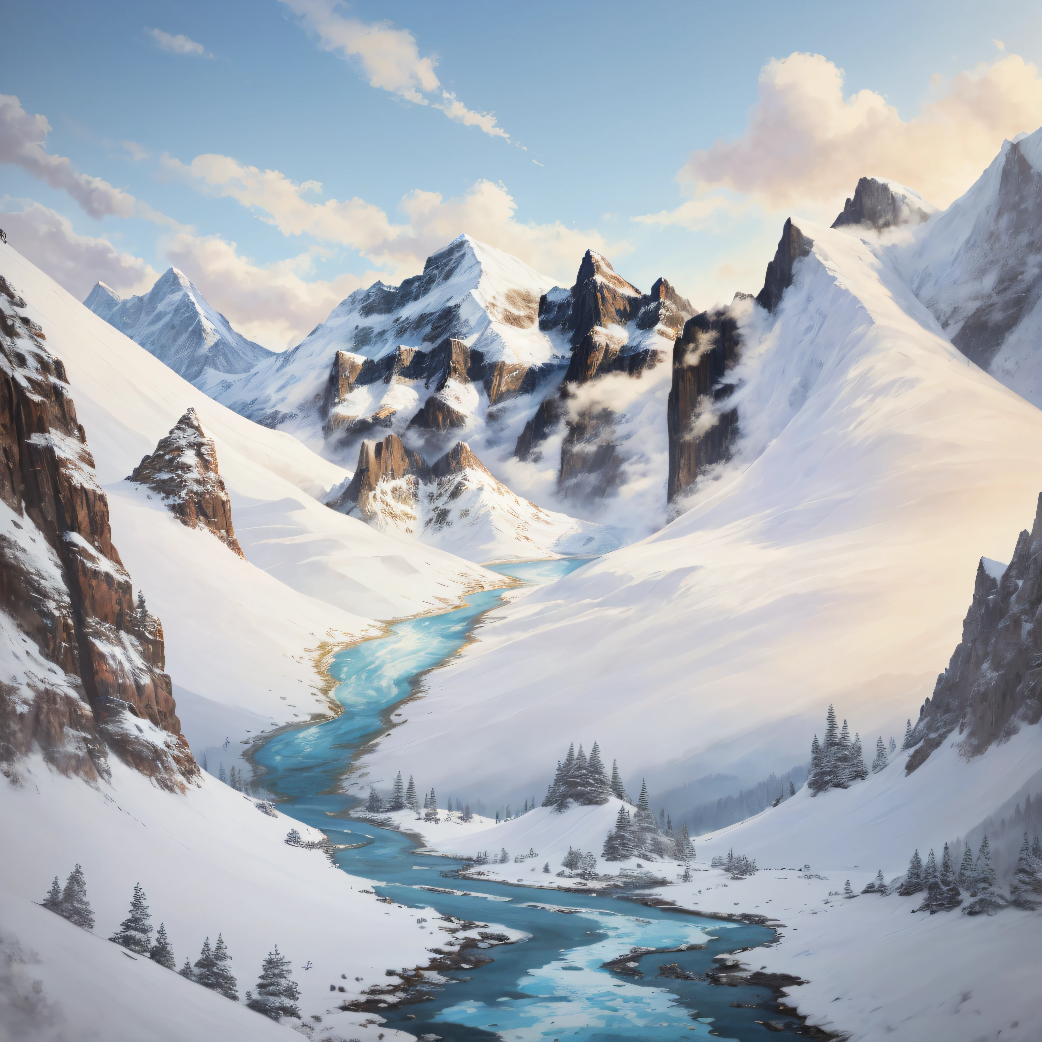 Painting of a mountain scene with a stream of water in the foreground, Snowy mountains, ice mountain, detailed scenic view , snowy mountain landscape, drawn in anime painter studio, snowy canyon at dawn, Snowy mountain background, made with anime painter studio, High hills, mountain scene, snow mountains, Anime landscape, icy mountains in the background