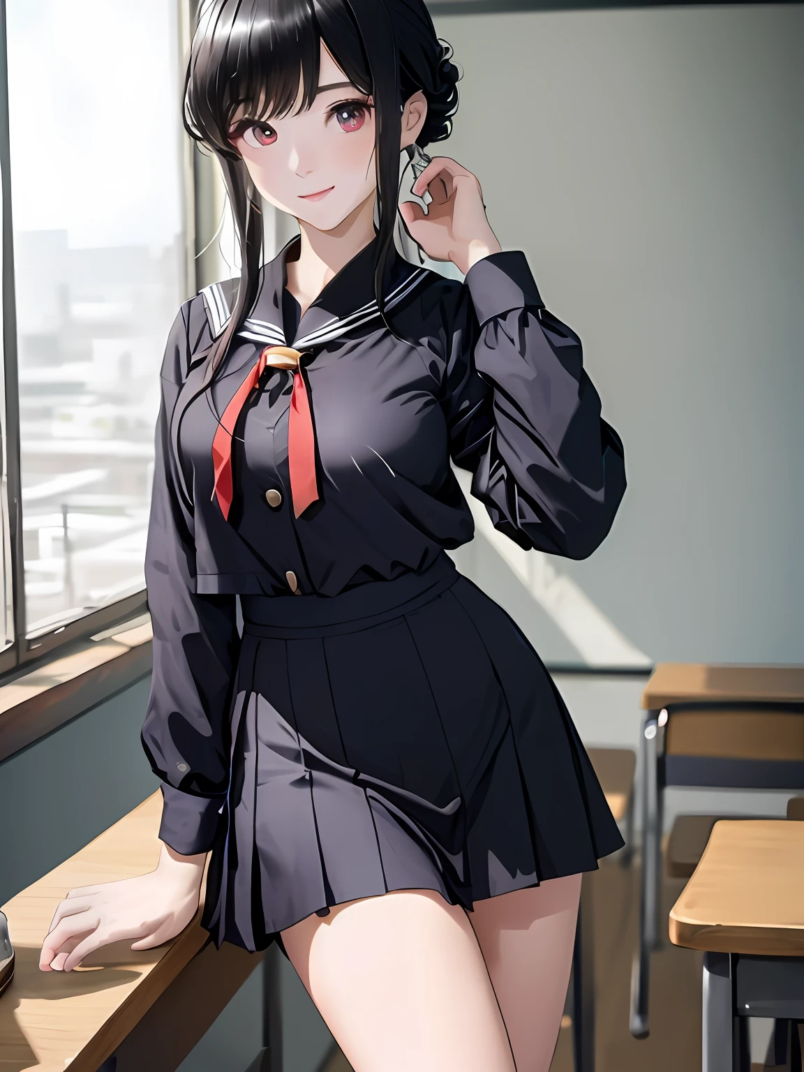Classroom、a sailor suit、a black skirt、a smile、cowboy shot、8K,masterpiece, Medium、(1girl in)、Red_Eyes、Black hair、Long hair、Professional Lighting、(shinny skin:1.2)、 ((top-quality))、 Crisp focus:1.2、Highly detailed facial and skin texture、A detailed eye、face perfect、perfect bodies、Blur the background、20yr old,Mature cool and beautiful face