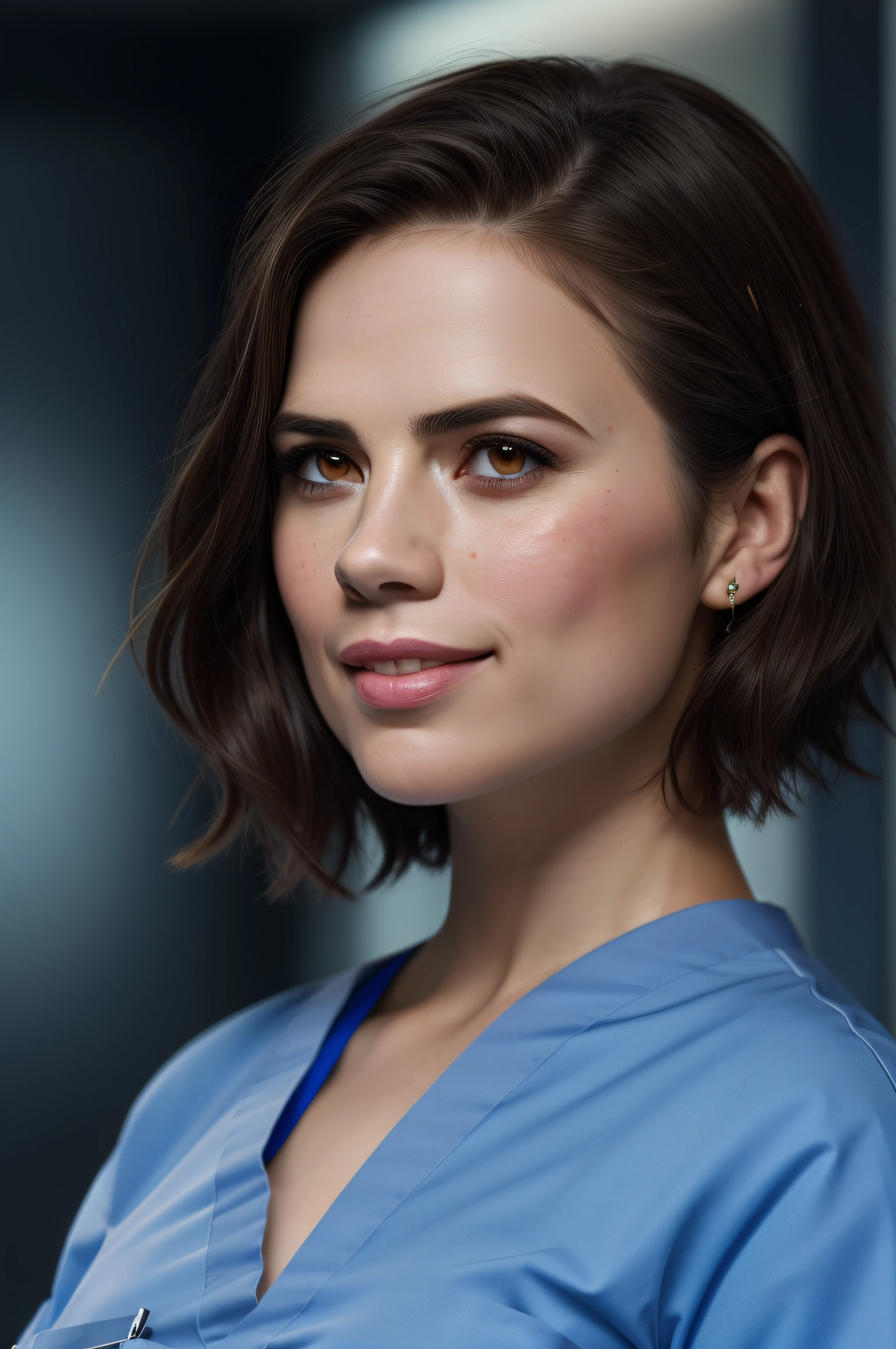 Beautiful woman, Hayley Atwell, wearing (light blue hospital scrubs), beautiful legs, (very short pixie hair), detailed eyes, (detailed realistic face), (skin texture), freckles, blush, confident smile, head tilted to side, highly detailed, modelshoot style, (extremely detailed CG unity 8k wallpaper), (whole body shoot::1.4) photo of the most beautiful artwork in the world, hospital, fashion top model, trending on ArtStation, trending on CGSociety, Intricate, High Detail, Sharp focus, dramatic, photorealistic painting art by midjourney