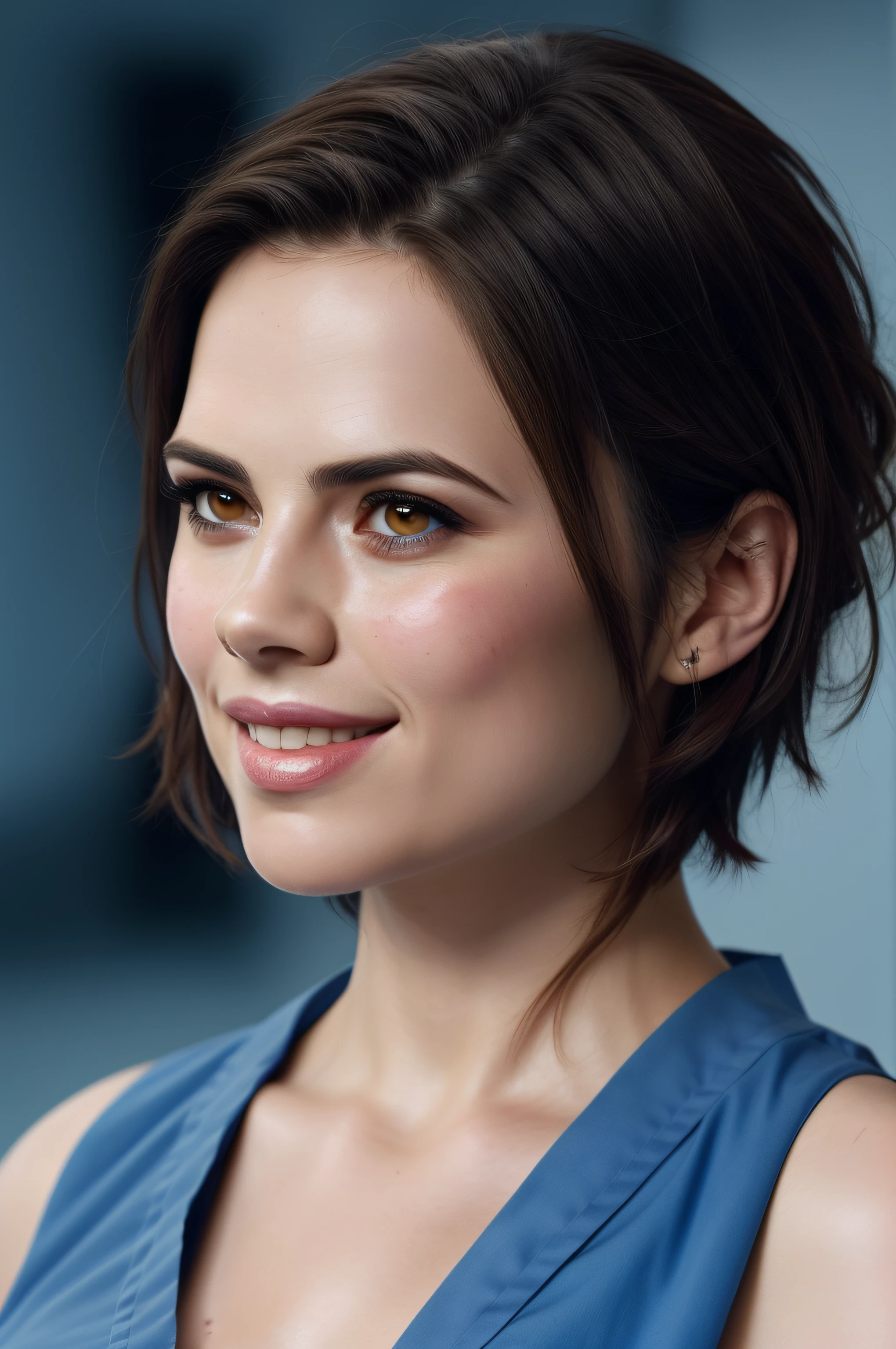 Beautiful woman, Hayley Atwell, wearing (light blue hospital scrubs), beautiful legs, (very short pixie hair), detailed eyes, (detailed realistic face), (skin texture), freckles, blush, confident smile, head tilted to side, highly detailed, modelshoot style, (extremely detailed CG unity 8k wallpaper), (whole body shoot::1.4) photo of the most beautiful artwork in the world, hospital, fashion top model, trending on ArtStation, trending on CGSociety, Intricate, High Detail, Sharp focus, dramatic, photorealistic painting art by midjourney
