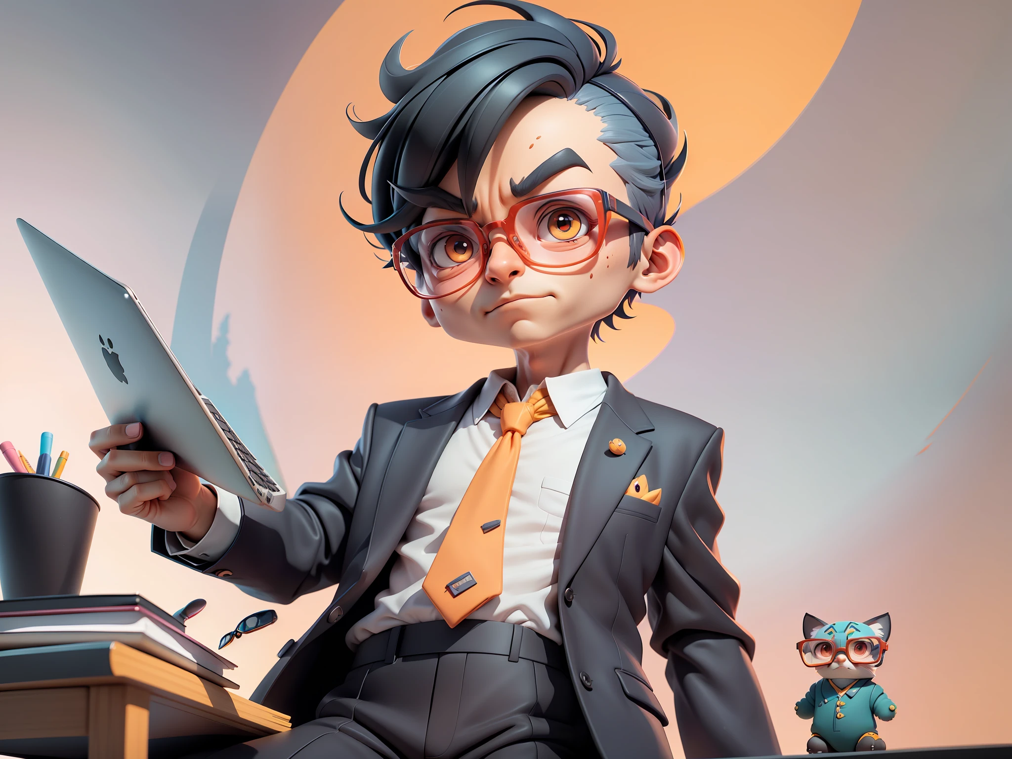 A young man in a suit, Short hair and glasses sat at his desk,holding laptop,digitial painting,tigre,3D character design by Mark Clairen and Pixar and Hayao Miyazaki and Akira Toriyama,4K HD illustration,Very detailed facial features and cartoon-style visuals。