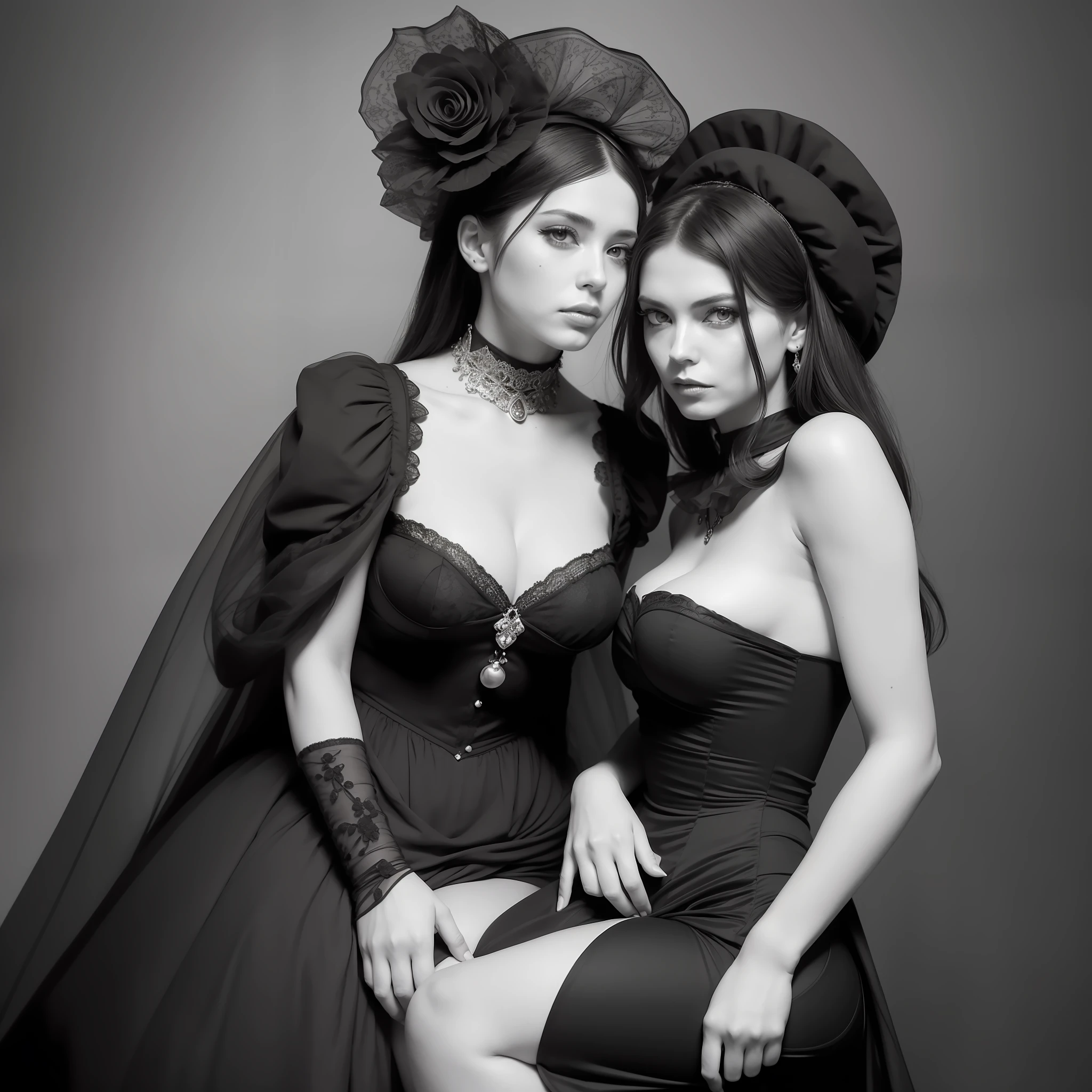 "A captivating black and white photo capturing the essence of femininity, reminiscent of a timeless album cover by Irakli Nadar. The gothic and artistic vibes of Victorian era mixed with the impeccable style of Steven Meisel's photography."