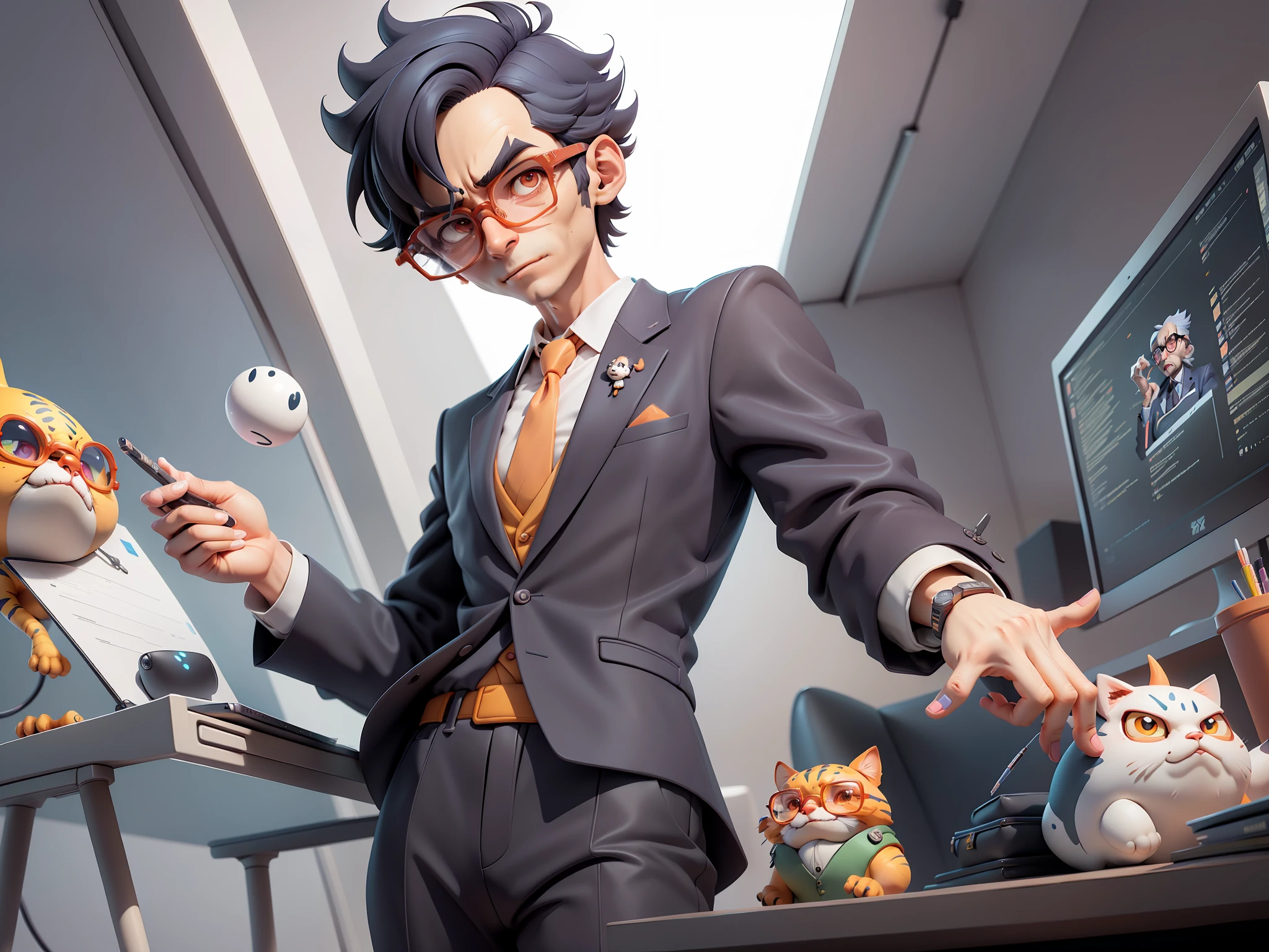 A young man in a suit, Short hair and glasses sat at his desk,holding laptop,digitial painting,tigre,3D character design by Mark Clairen and Pixar and Hayao Miyazaki and Akira Toriyama,4K HD illustration,Very detailed facial features and cartoon-style visuals。