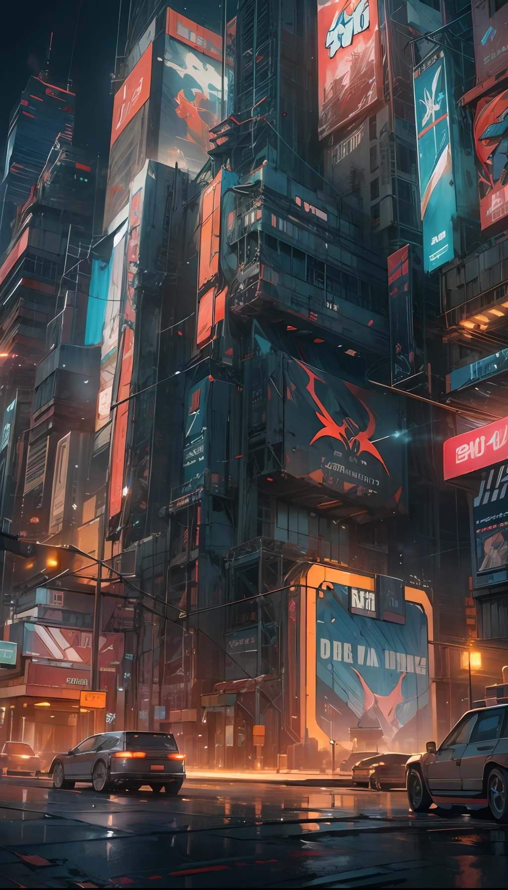 masterpiece, best quality, dazzling Cyberpunk cityscape, skyscrapers, neon signs, LED lights, bright and vivid color scheme, anime, illustration, intricate details, ultra detailed, cinematic lighting, dark shadows.