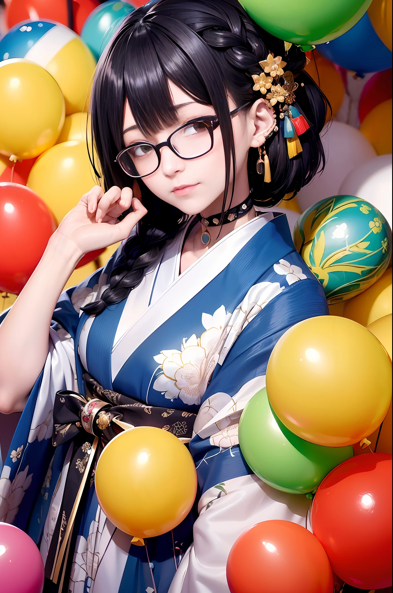 (Top image quality:1.5), (超A high resolution:1.2), (4K:1.4), (fish-eye lens:1.2), (japanes:1.2), 25 year old woman in kimono, Short bob black hair, (Hair braided on the right side:1.2), snow-white bunches of hair in one part of the bangs,, Greenstone Choker, Greenstone Earrings, Simple rimmed glasses, Hanikami smile, Large breasts, Colorful cityscape, (Paper balloons with Japanese pattern falling from the sky)