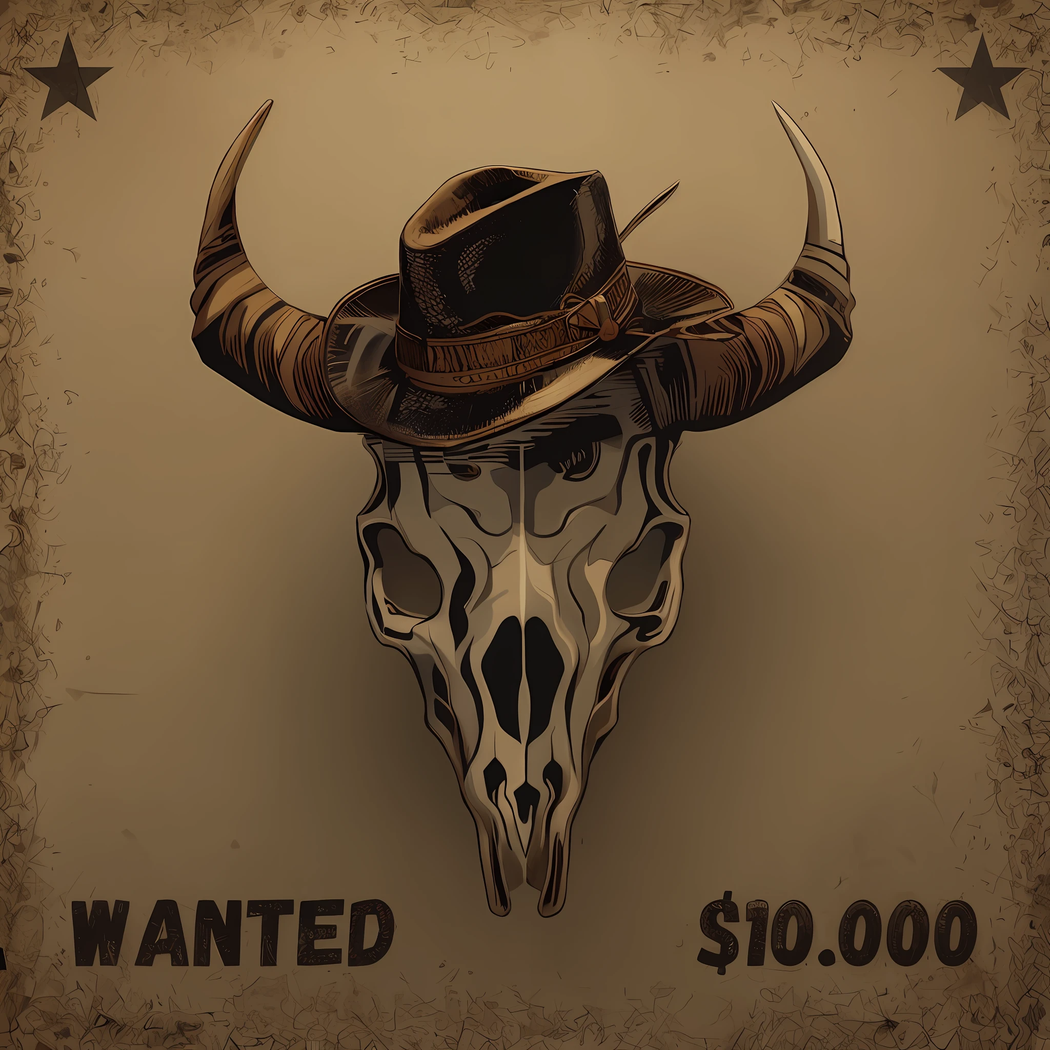 Image of a bull skull with a cowboy hat on it, Cartaz desejado, with an animal skull for a head, quadrinhos ocidentais inspirados, estilo western comic book, cow skull, tarot card of a shirtless cowboy, western comic style, Velho Oeste, Esqueleto Cowboy, Fundo do Oeste Selvagem, O Cowboy no Estranho Oeste, Mais procurados, sheep skull, Tema Cowboy