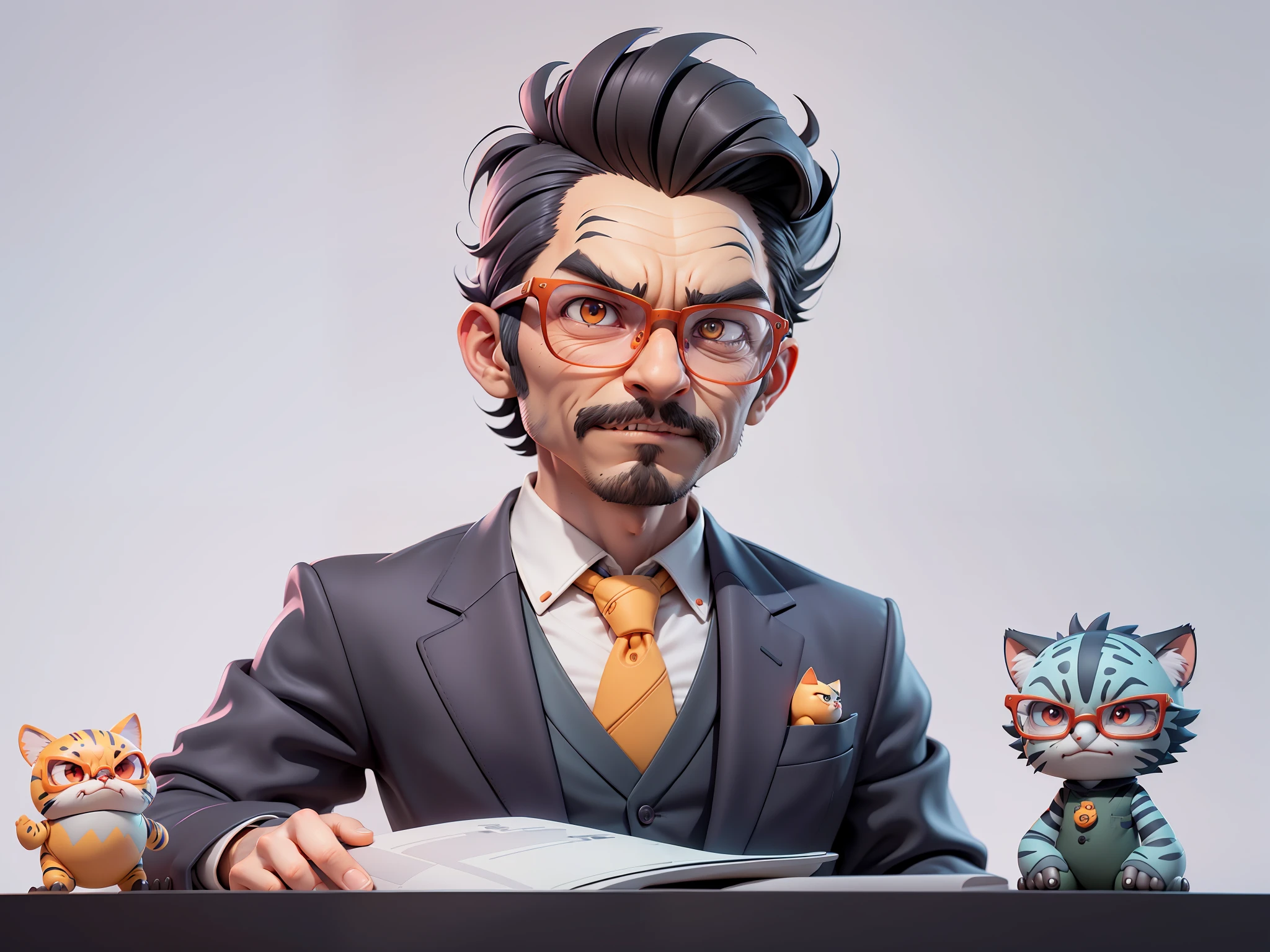 A young man in a suit, Short hair and glasses sat at his desk,holding laptop,digitial painting,tigre,3D character design by Mark Clairen and Pixar and Hayao Miyazaki and Akira Toriyama,4K HD illustration,Very detailed facial features and cartoon-style visuals。
