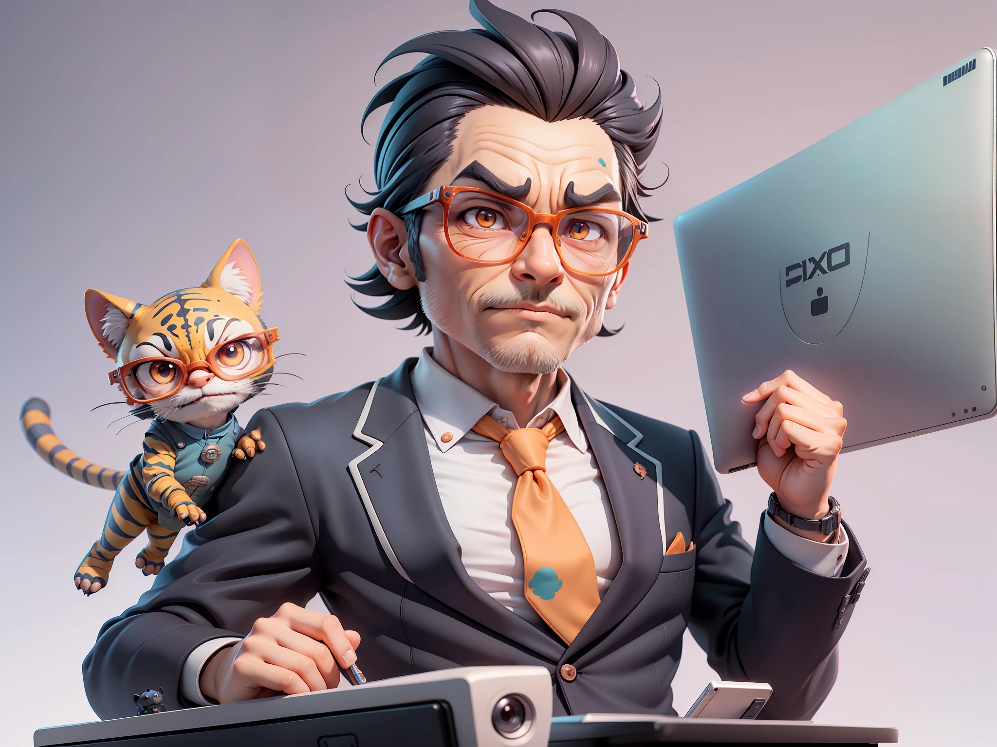 A young man in a suit, Short hair and glasses sat at his desk，holding laptop，digitial painting，tigre，3D character design by Mark Clairen and Pixar and Hayao Miyazaki and Akira Toriyama，4K HD illustration，Very detailed facial features and cartoon-style visuals。