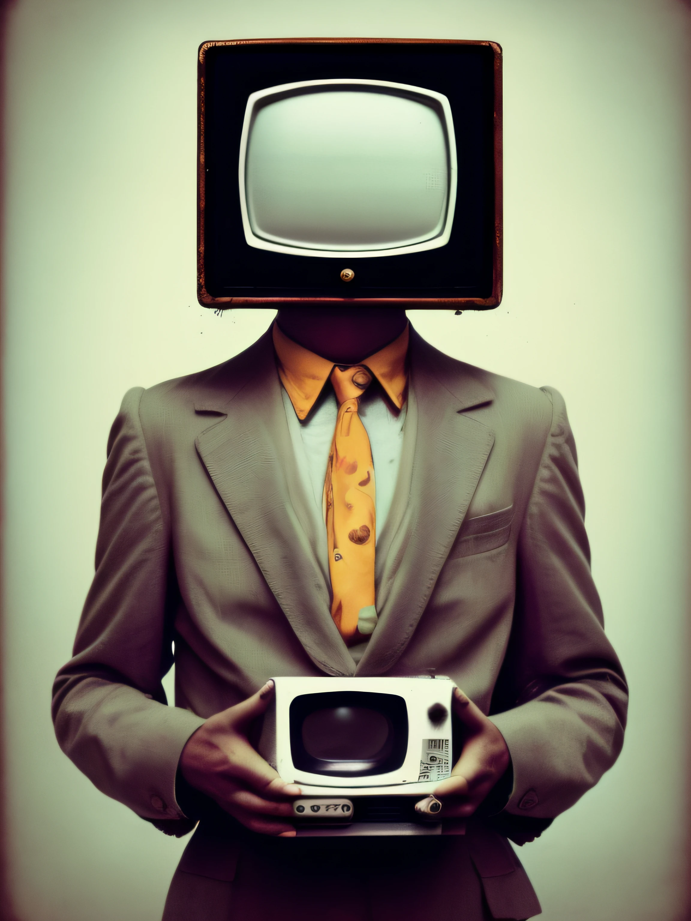 um homem de terno, with a vintage television on his head, sem fundo