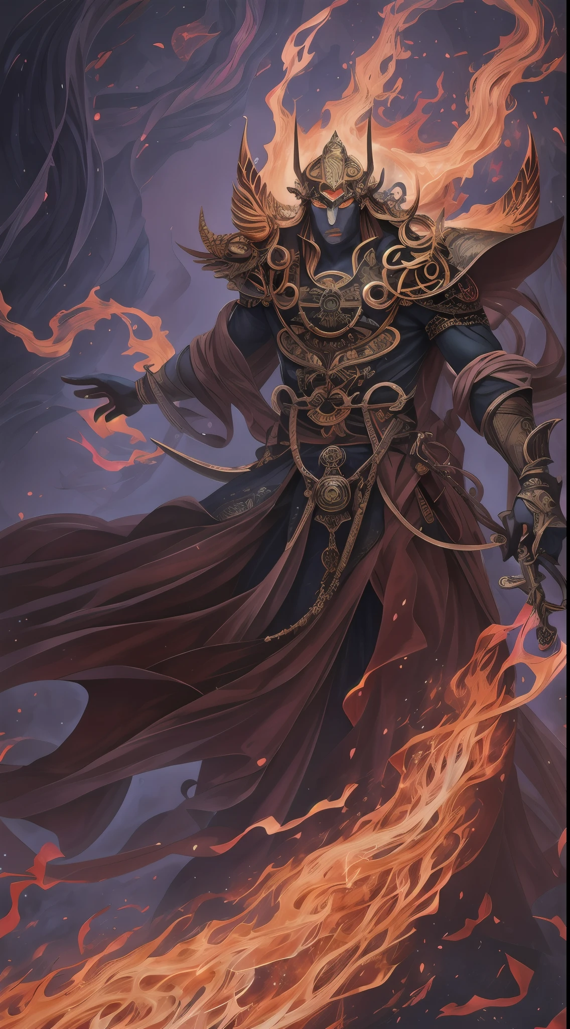 photore，sportrait，God floating on fire[The discovery of wormholes leads to a new world|The cursed prince must marry the Void]，[sci-fy：fanciful：0.6]cinmatic lighting，detailedbackground，at centre，Michael Bay style，insane detailed，k hd，concept-art，number art，with dynamism，（The most beautiful art in the world：1.2），（V0id3nergy：1.3），A man with a sword and a demon，beautiful male god of death，mohrbacher，Inspired by Shunkōsai Hokushu，In the artistic style of Morebach，asura from chinese myth，the god of chaos，Inspired by Ryūkōsai Jokei，Style Peter Molbach