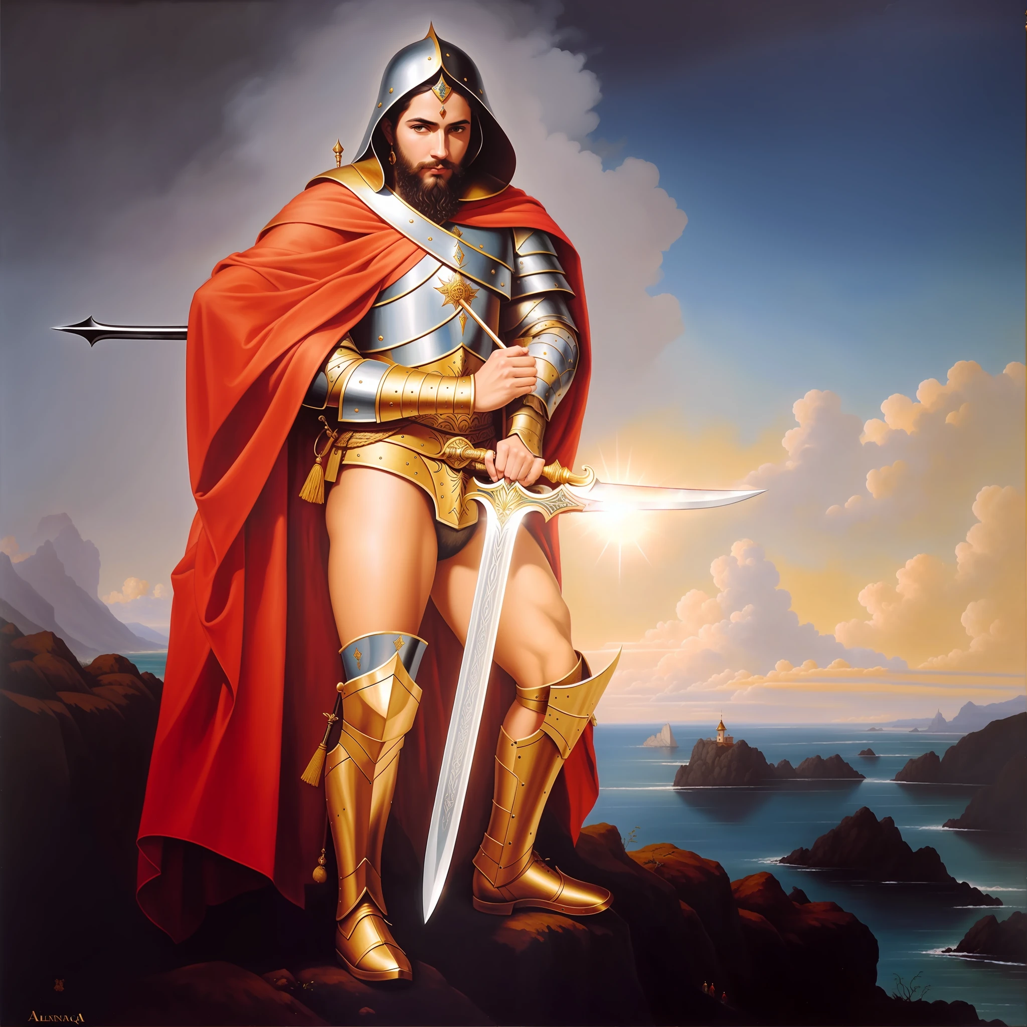 (Obra prima) (8K) (ALTAMENTE DETALHADA) (alta qualidade) pintura de um homem em armadura com uma espada e escudo, pintura de um cavaleiro, pintura restaurada, portrait of saint of the pit, pintura renascentista de um cavaleiro, segurando seu tridente, Arcanjo Miguel, saint of the pit, inspired by Mór Than, Grande Rei de Stovokor, com espada grande, Pintura de Golias, imagem de um guerreiro masculino adulto