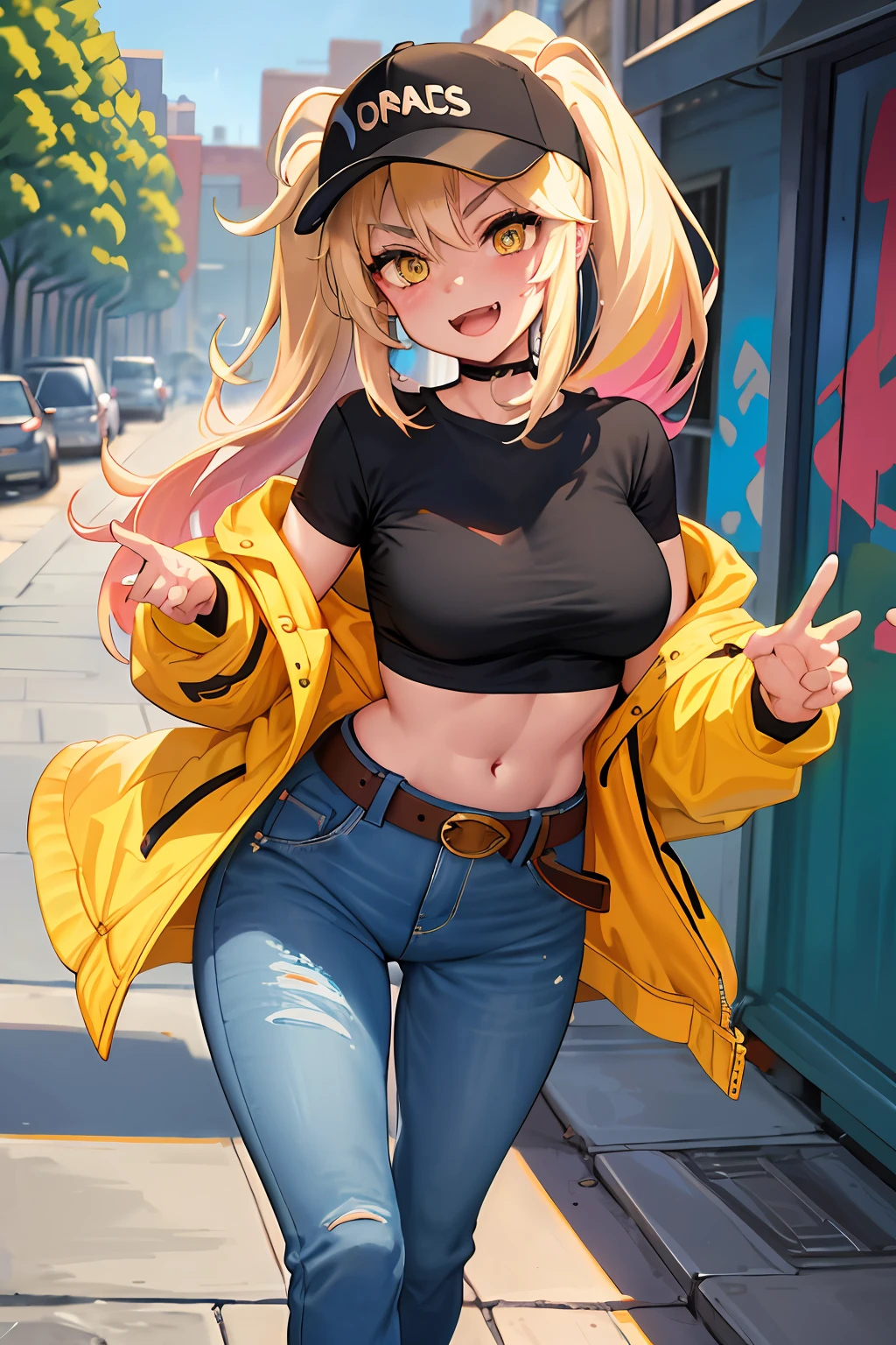 Original role,Volumetriclighting,best shadow,shallowdepthoffield,Portrait of a beautiful girl,petite,Delicate, beautiful and charming face,alluring yellow eyes,Messy painted face,Sharp eyebrows,Hefty Smile,open open mouth,Fangs exposed,Cute slightly larger breasts, Layered long double ponytail blonde hair, Blush Eyeshadow, Thick lashes, Applejack hat, Oversized Pop jacket, Mini Underboob Tee, Crop topping, Slim waist, Denim Jeans Pants, Fasten with a buckled belt, In The Graffiti Alley, trash cans, Outside the stairs, Outdoor units,standing on your feet,(HighestQuali,astonishing detail:1.25),(独奏:1.3),Brilliant and colorful paintings