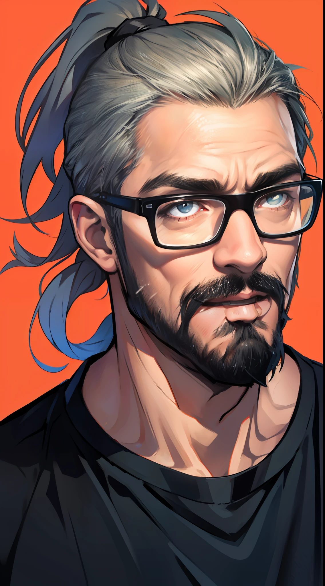 The old man wears glasses, has a beard, a ponytail, and a black t-shirt and sings