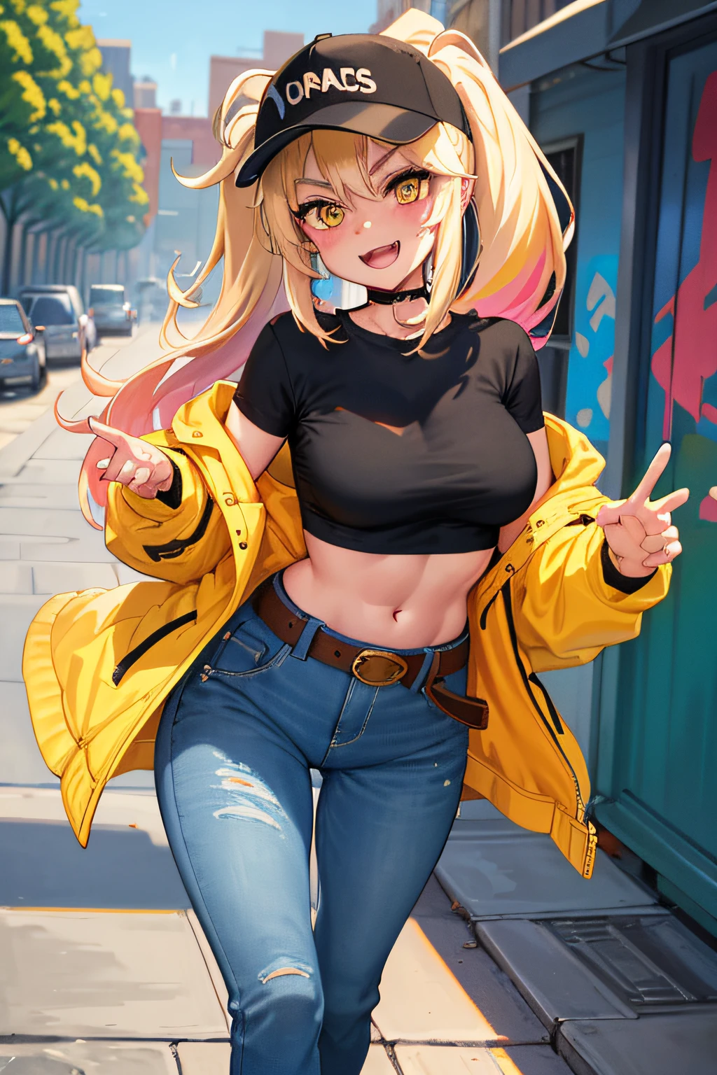 Original role,Volumetriclighting,best shadow,shallowdepthoffield,Portrait of a beautiful girl,petite,Delicate, beautiful and charming face,alluring yellow eyes,Messy painted face,Sharp eyebrows,Hefty Smile,open open mouth,Fangs exposed,Cute slightly larger breasts, Layered long double ponytail blonde hair, Blush Eyeshadow, Thick lashes, Applejack hat, Oversized Pop jacket, Mini Underboob Tee, Crop topping, Slim waist, Denim Jeans Pants, Fasten with a buckled belt, In The Graffiti Alley, trash cans, Outside the stairs, Outdoor units,standing on your feet,(HighestQuali,astonishing detail:1.25),(独奏:1.3),Brilliant and colorful paintings
