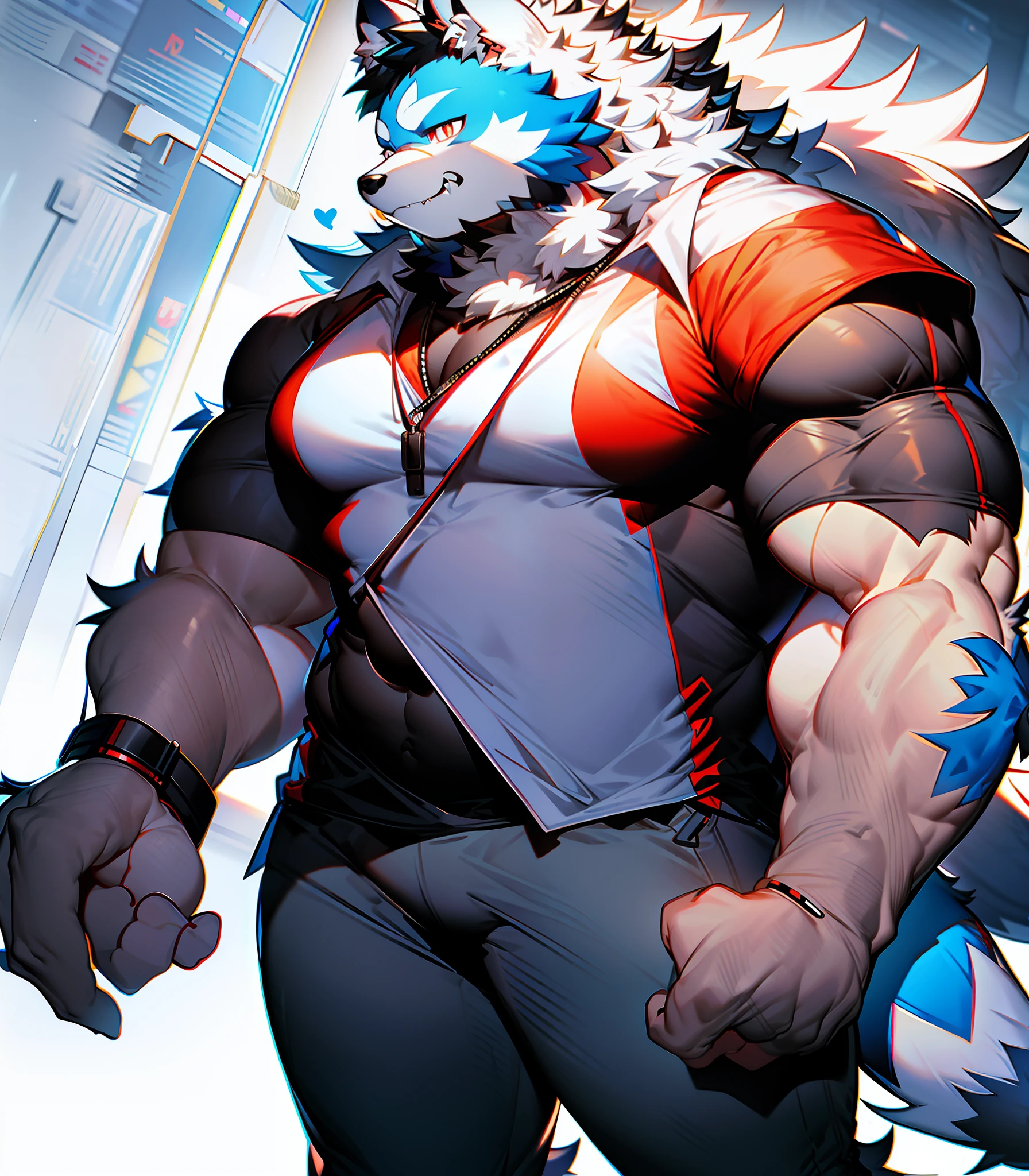 coyote,Furry,Blue pattern,Black hair,musculature,Muscle men,nakeness,Strong,ultraclear,Has a large ,Collar,Black shorts,Black sclera,red pupils,Abs,Red coat,The erection,Collar,Has a large ,der riese,tit,Solo,Stout arms,Storm jacket,Badge,Pronounced abs,ssmile,lbeard,Dim lighting,Dark atmosphere,subway station background,Dim light,Urban style