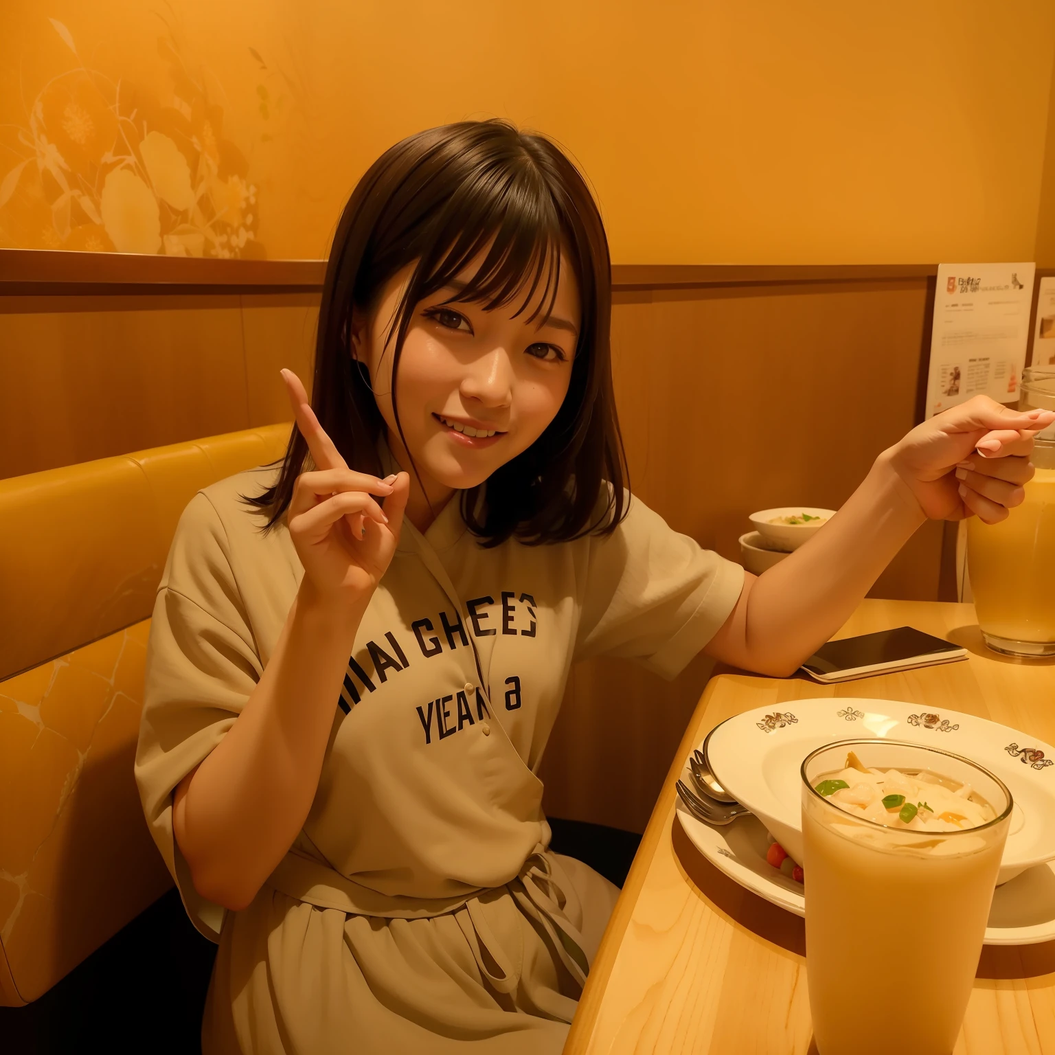 Smiling asian woman sitting at table holding a plate of food, with index finger, chiho, harumi, a photo of girl, restaurant!!, shikamimi, Give the middle finger, blog-photo, zora々Shishi Japan of Girls, Shiori Teshirogi, very very low quality picture, portrait of a japanese teen, narumi kakinouchi