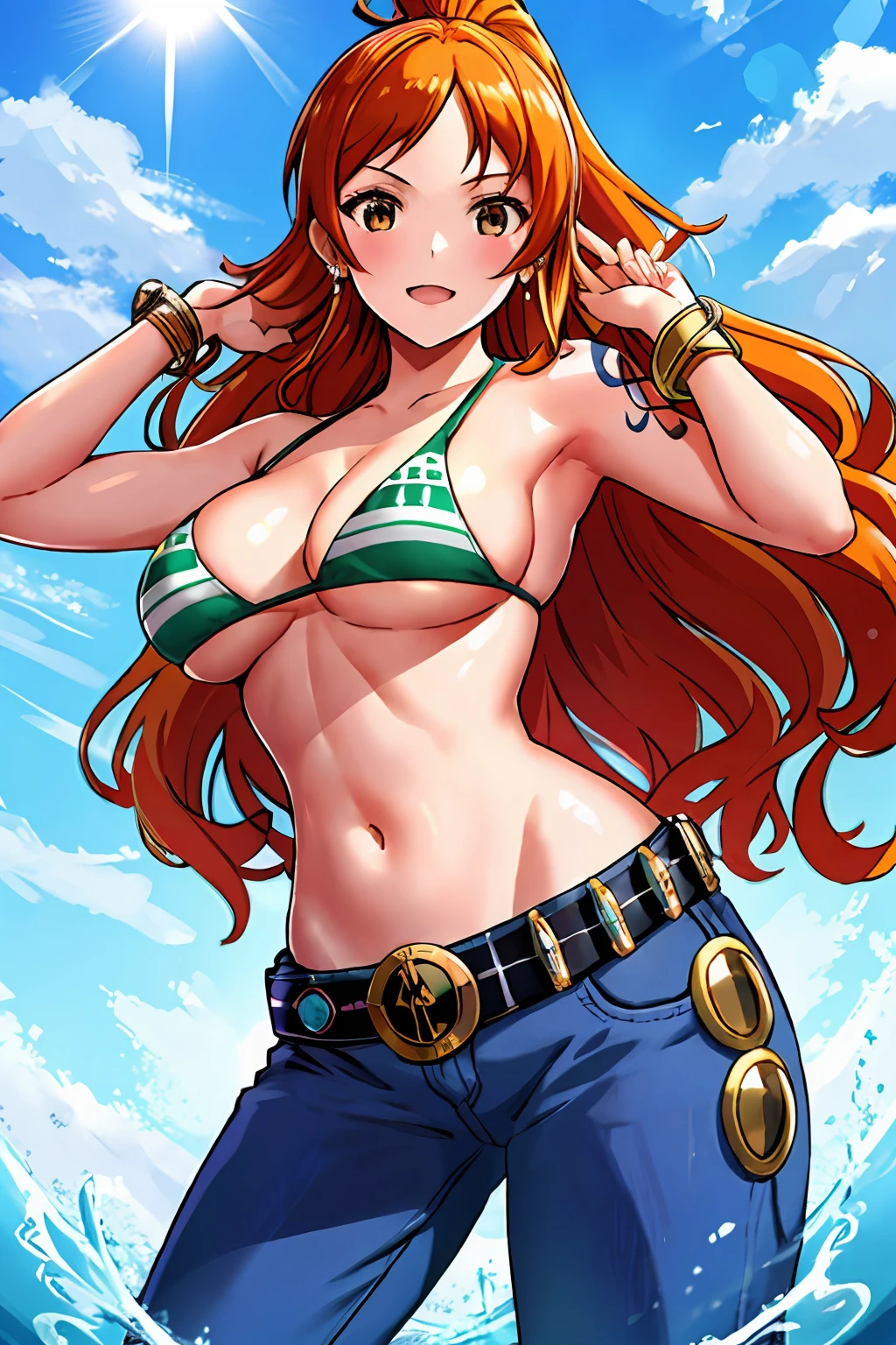 detailed background, masterpiece, 4k, best quality, late youth, adult, wrestler body, 1girl, active, energic, uppercut, (large mouth) , solo, nami \(one piece\), 1girl, bangle, (leaning forward, tilting, hands up, bruises on body, (high very thick Voluminous ponytail, long hair, wavy ponytail)), perfect detailed face, bold drawing lines, muscular arms, detailed bold arm lines, flat jaw, adult woman, wavy wide streaked bangs,(very long left side bangs, lock of hair upward), floating bang streakls, (big cheeks), bare shoulders, belt, bikini, bikini top only, blue sky, bracelet, springy breasts, breast lines, big round eyes, plain big brown shiny eyes, bubbles, high eye position, cleavage, cloud, day, denim, earrings, floating hair, shiny hair, green belt, green bikini, bold groin lines, jeans, jewelry, large breasts, log pose, long hair, looking at viewer, navel, wet hair, orange hair, pants, shoulder tattoo, sidelocks, sky, solo, standing, stomach, swimsuit, tattoo , looking at viewer, open mouth, detailed left arm, big forehead, hourglass figure, small head, toned body, wide hair, wind effect, sun effect, under the sun, narrow small ears angle, older, random poses,